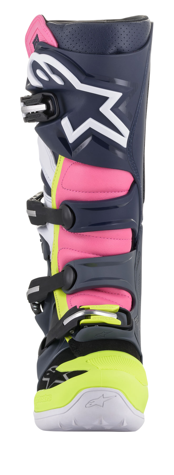 Stivali Alpinestars Tech 7, stivali da motocross, grigio scuro, blu scuro e rosa fluo, vista posteriore angolata che mette in risalto il sistema di chiusura a fibbie e i pannelli a fisarmonica rosa, design protettivo ad alte prestazioni per la guida fuoristrada