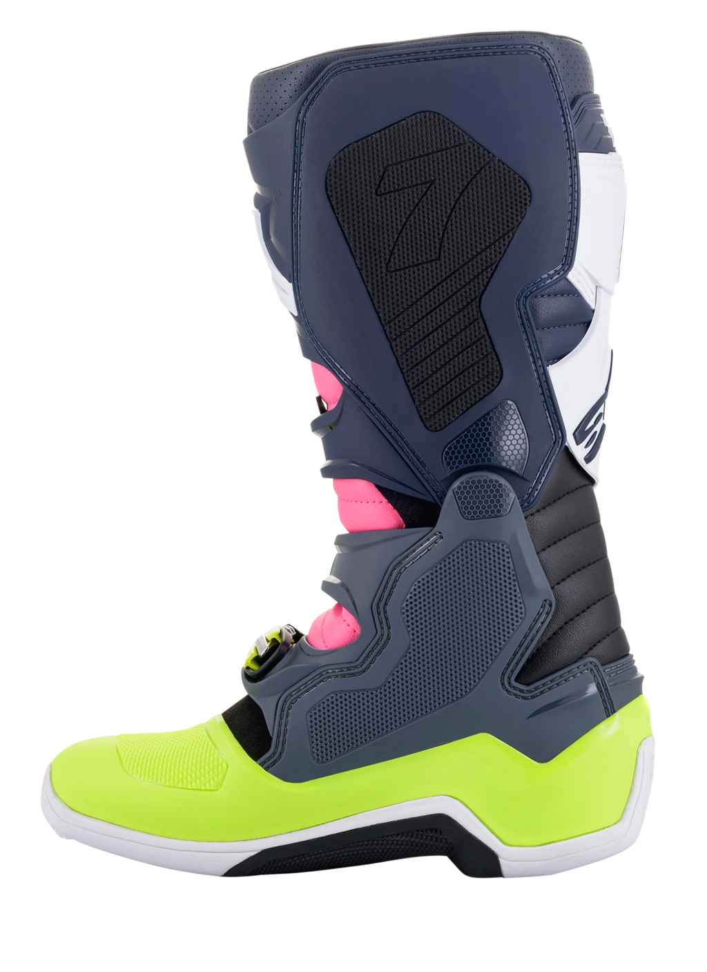 Alpinestars Tech 7 Boots, stivali da motocross, grigio scuro, blu scuro, rosa fluo e giallo neon, vista laterale, con innovativo sistema di chiusura a fibbia e protezione biomeccanica della caviglia, calzature da fuoristrada ad alte prestazioni