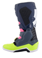 Alpinestars Tech 7 Boots, stivali da motocross, grigio scuro, blu scuro, rosa fluo e giallo neon, vista laterale, con innovativo sistema di chiusura a fibbia e protezione biomeccanica della caviglia, calzature da fuoristrada ad alte prestazioni