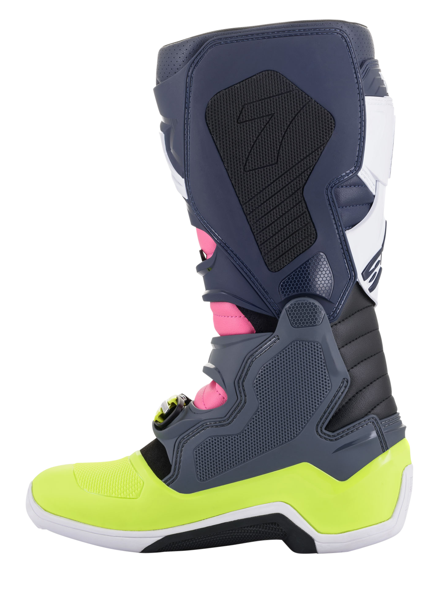 Alpinestars Tech 7 Boots, stivali da motocross, grigio scuro, blu scuro, rosa fluo e giallo neon, vista laterale, con innovativo sistema di chiusura a fibbia e protezione biomeccanica della caviglia, calzature da fuoristrada ad alte prestazioni