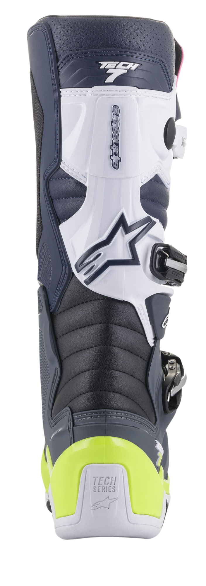 Stivali Alpinestars Tech 7, stivali da motocross, vista posteriore in blu scuro, bianco e grigio scuro con protezione del tallone giallo fluo, zone di flessione a fisarmonica e marchio Tech Series