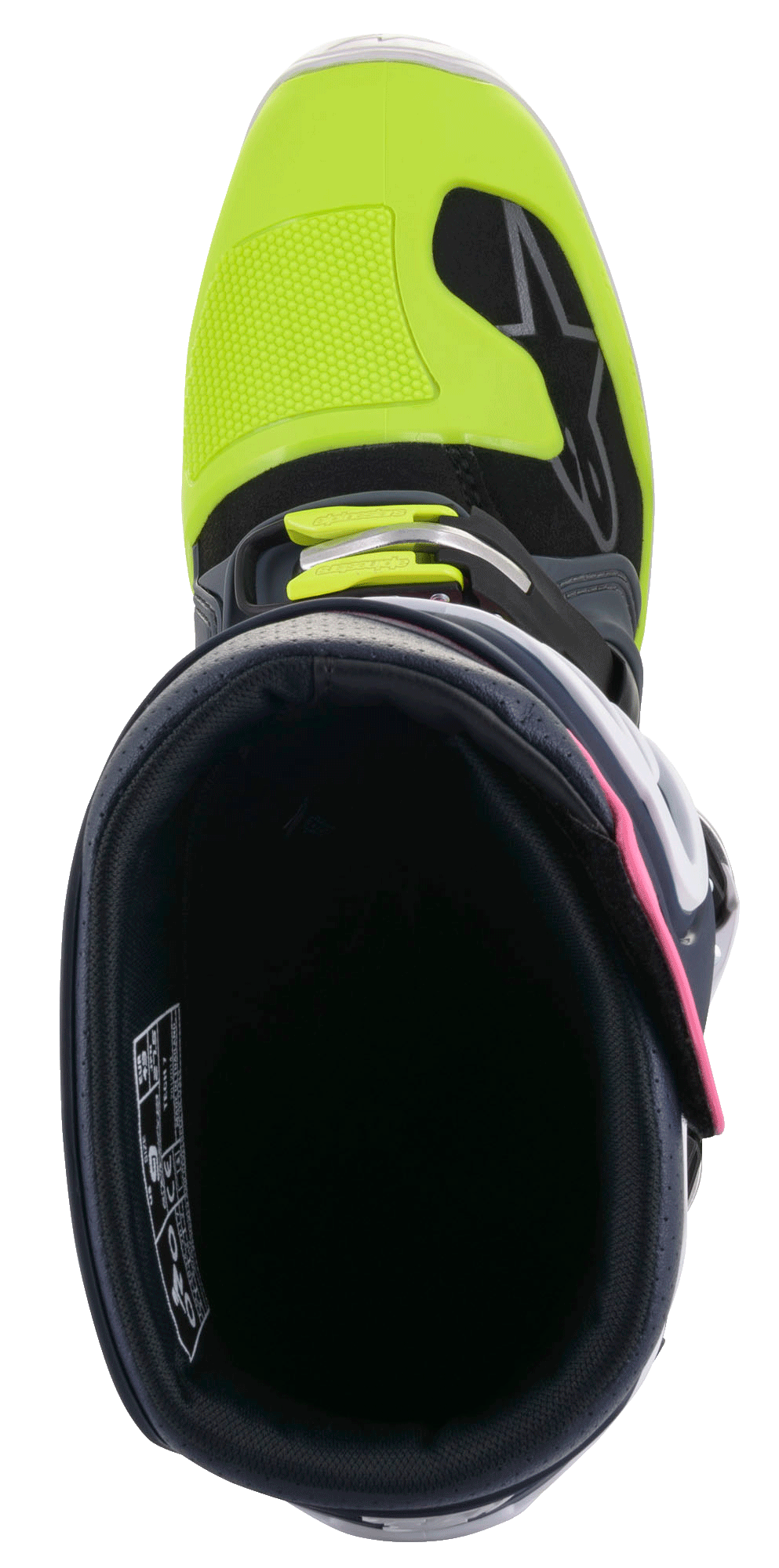 Stivali Alpinestars Tech 7, stivali da motocross, grigio scuro, blu scuro e rosa fluo con accenti giallo acceso, vista dall'alto verso l'interno del gambale, che evidenzia la chiusura a fibbia e il puntale rinforzato