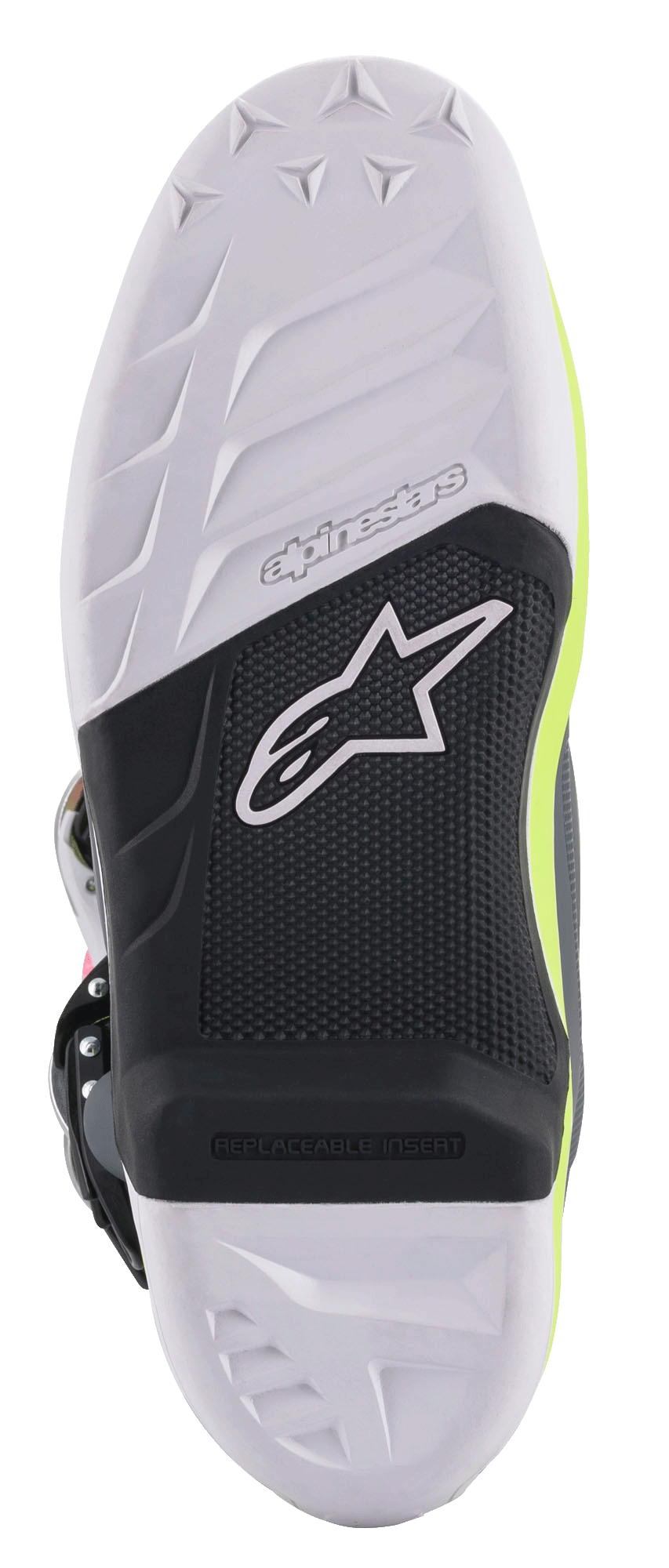 Stivali Alpinestars Tech 7, stivali da motocross, vista dettagliata della suola con design in mescola bianca e nera, inserto per pedana sostituibile, grip testurizzato con logo a stella Alpinestars e accenti giallo fluo