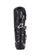Stivali Alpinestars Tech 7, stivali da motocross, nero, vista posteriore con protezione in TPU, sistema di chiusura a fibbie e loghi distintivi