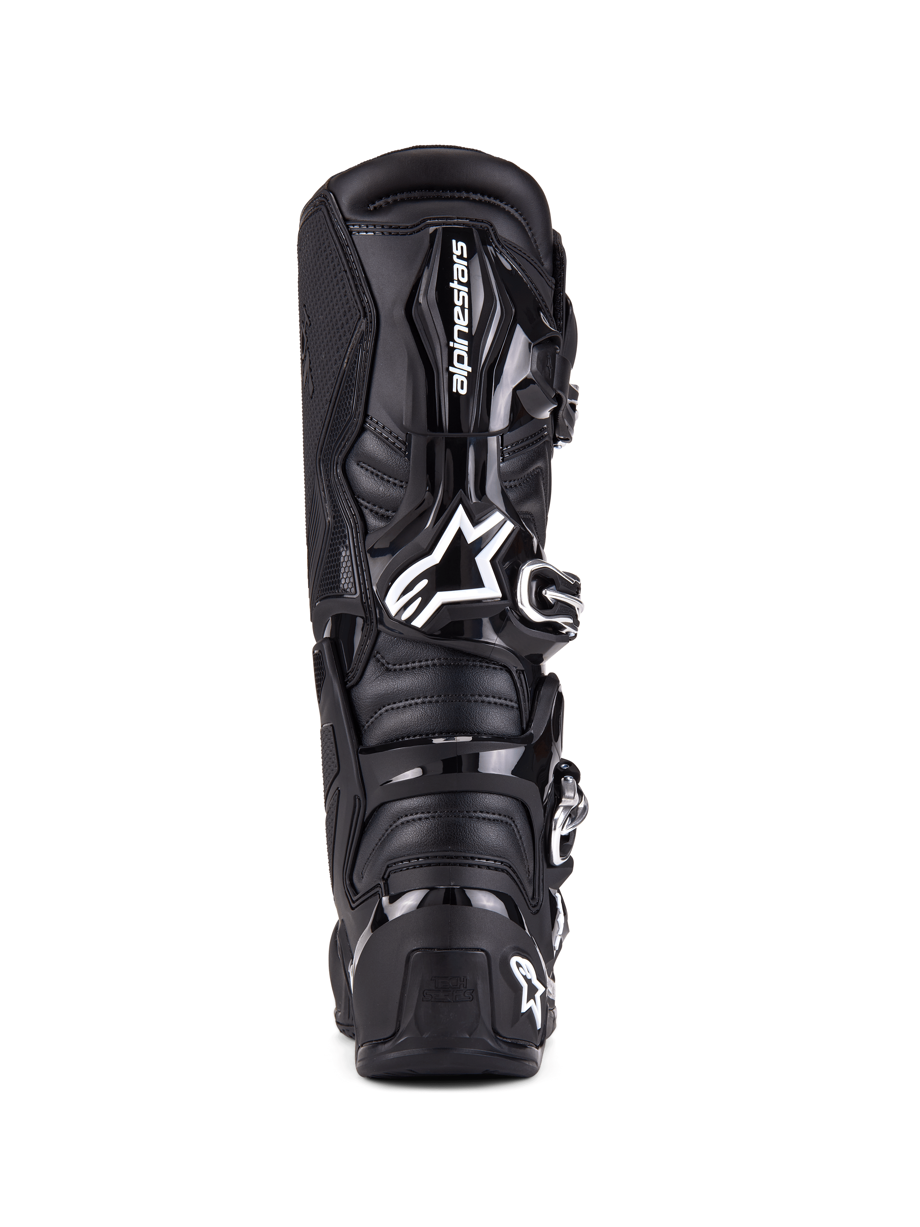 Stivali Alpinestars Tech 7, stivali da motocross, nero, vista posteriore con protezione in TPU, sistema di chiusura a fibbie e loghi distintivi