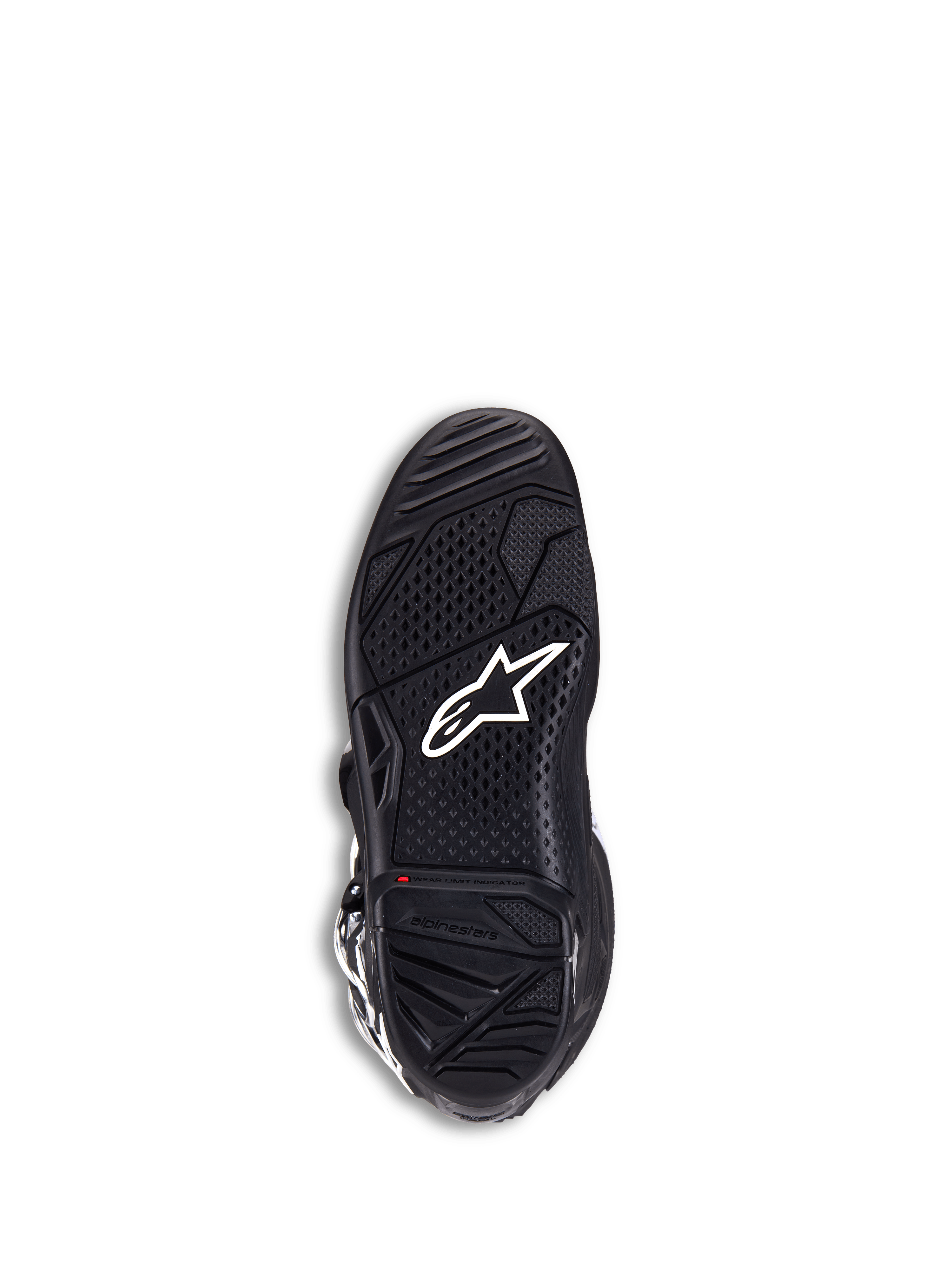 Stivali Alpinestars Tech 7, stivali da motocross, nero, vista della suola con logo a stella bianco, gomma a doppio composto testurizzata per la massima aderenza, indicatore rosso del limite di usura