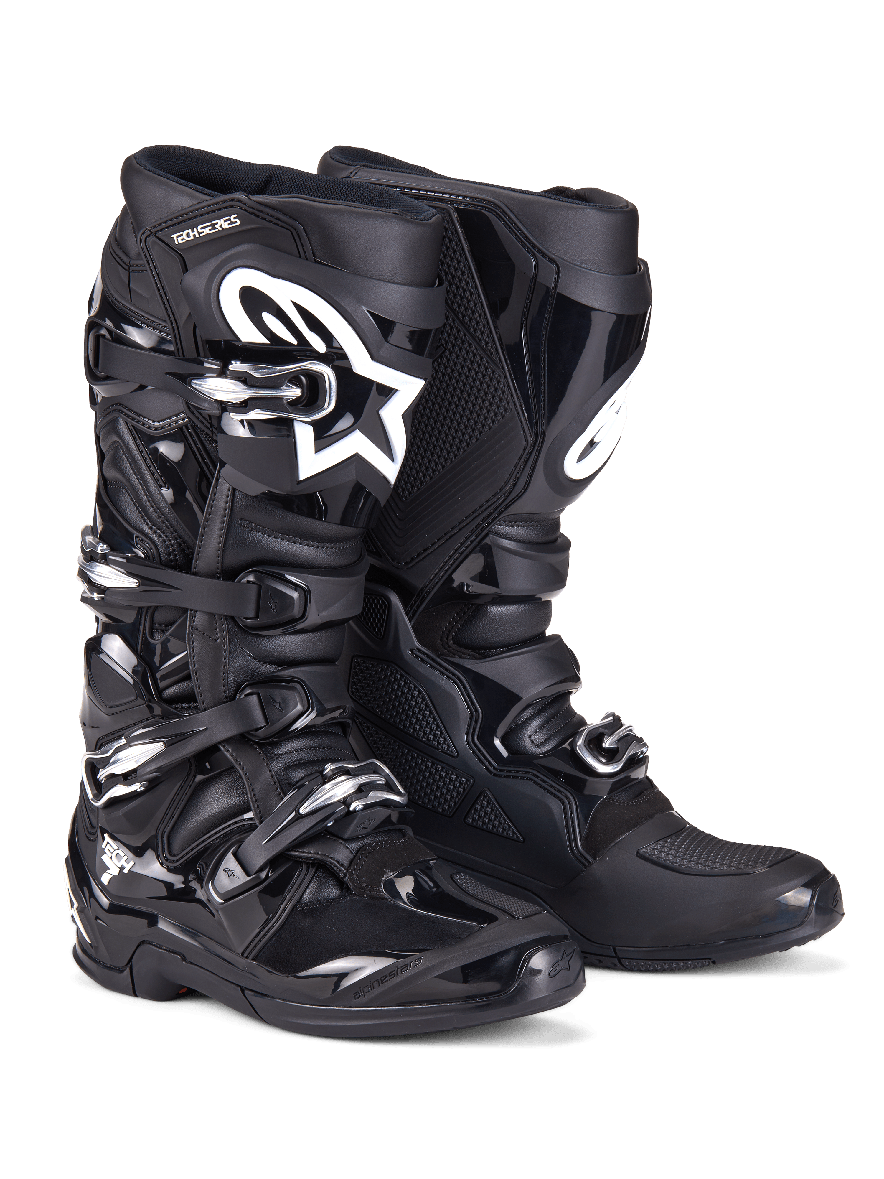 Stivali Alpinestars Tech 7, stivali da motocross, nero, caratterizzati da una struttura robusta con sistema di chiusura a quattro fibbie, pannelli protettivi in TPU e logo Alpinestars bianco sulla zona dello stinco, calzature professionali da fuoristrada per gare su sterrato