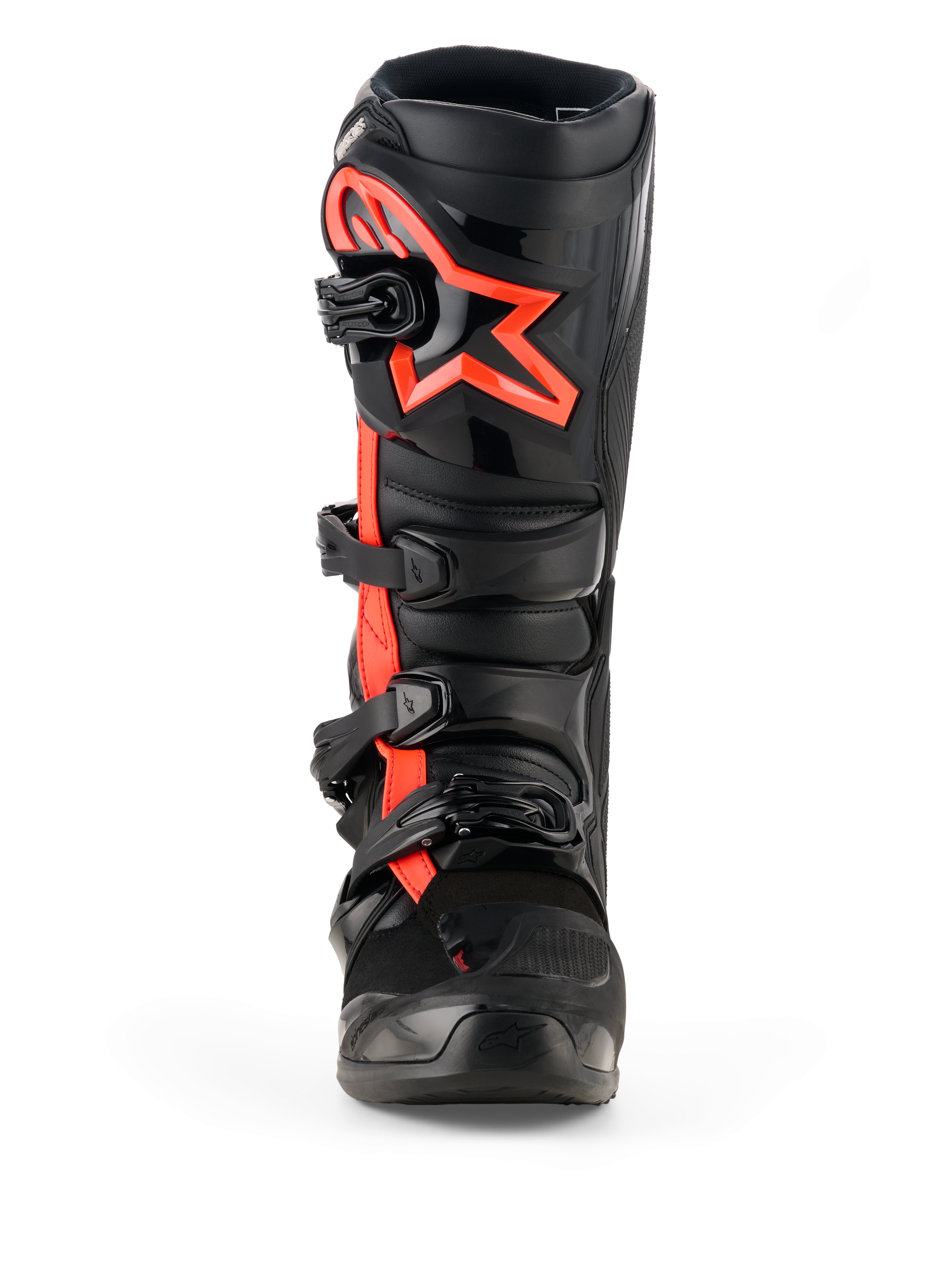 Alpinestars Tech 7 Boots, stivali da motocross, nero e rosso fluo, vista frontale, con grande logo a stella Alpinestars rosso fluo sulla piastra parastinchi, sistema di chiusura a quattro fibbie, costruzione in TPU resistente per corse off-road