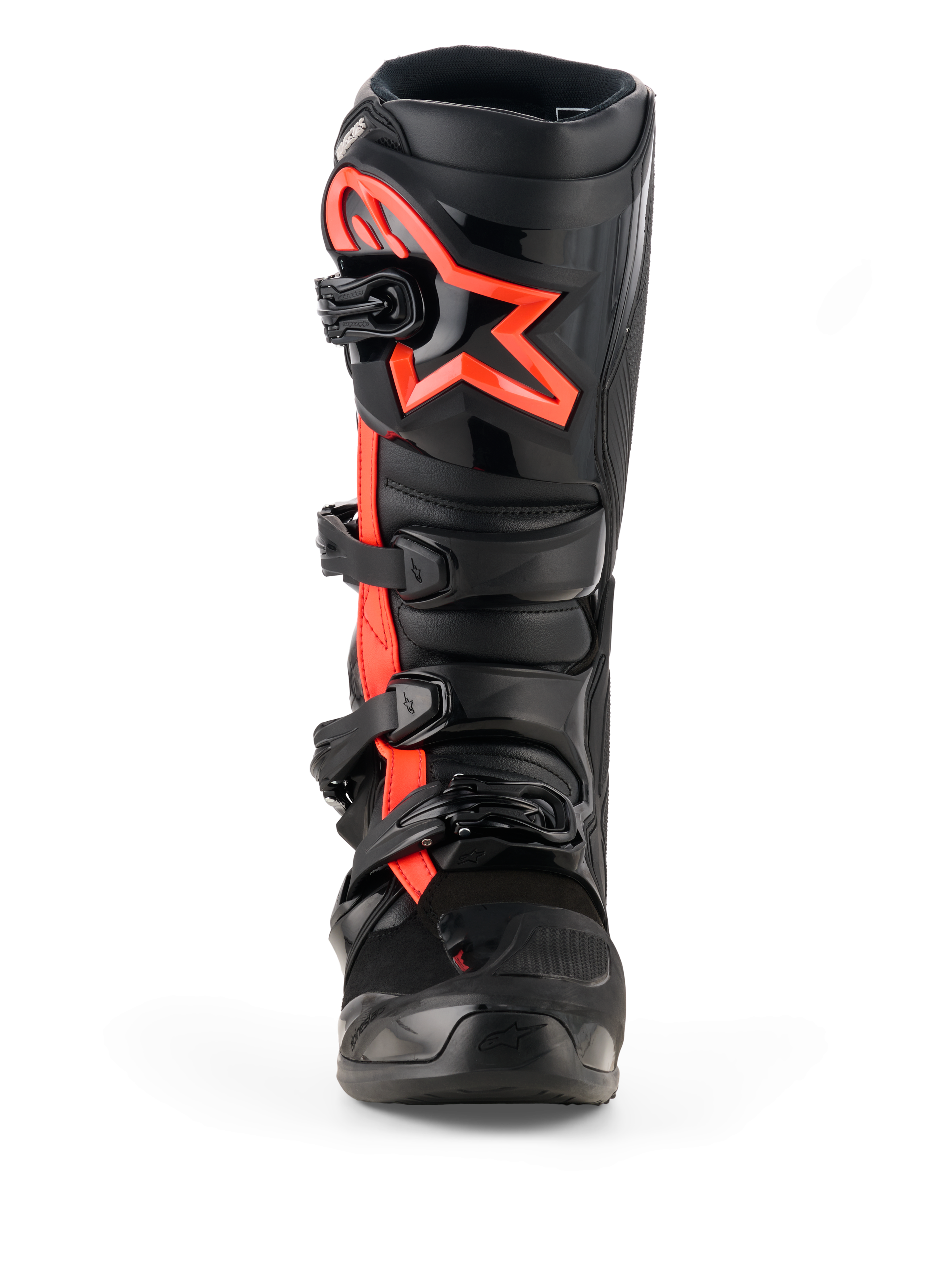 Alpinestars Tech 7 Boots, stivali da motocross, nero e rosso fluo, vista frontale, con grande logo a stella Alpinestars rosso fluo sulla piastra parastinchi, sistema di chiusura a quattro fibbie, costruzione in TPU resistente per corse off-road