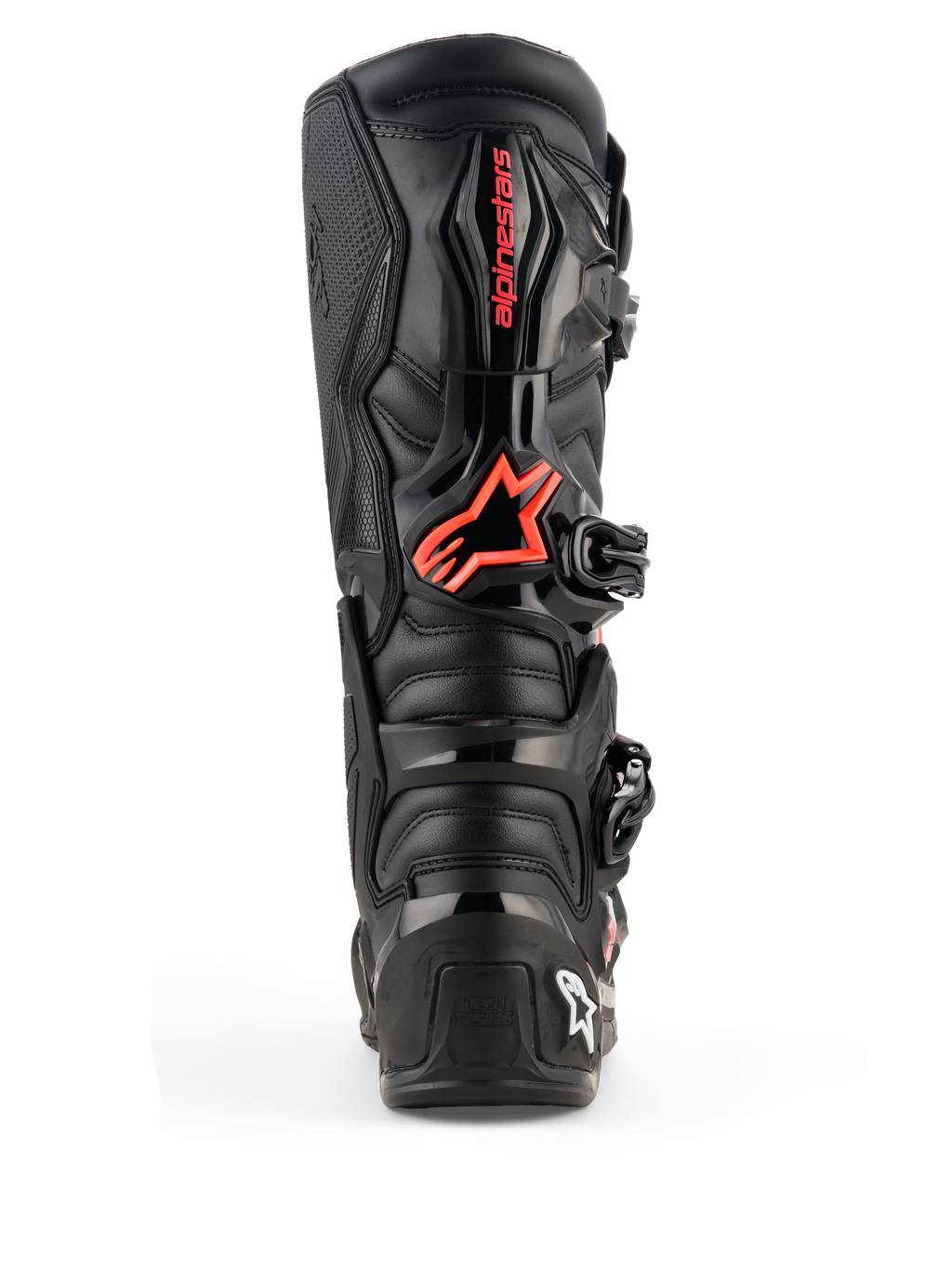 Stivali Alpinestars Tech 7, stivali da motocross, nero e rosso fluo, vista posteriore con piastra protettiva in TPU, logo Alpinestars rosso sul polpaccio, costruzione resistente per prestazioni off-road
