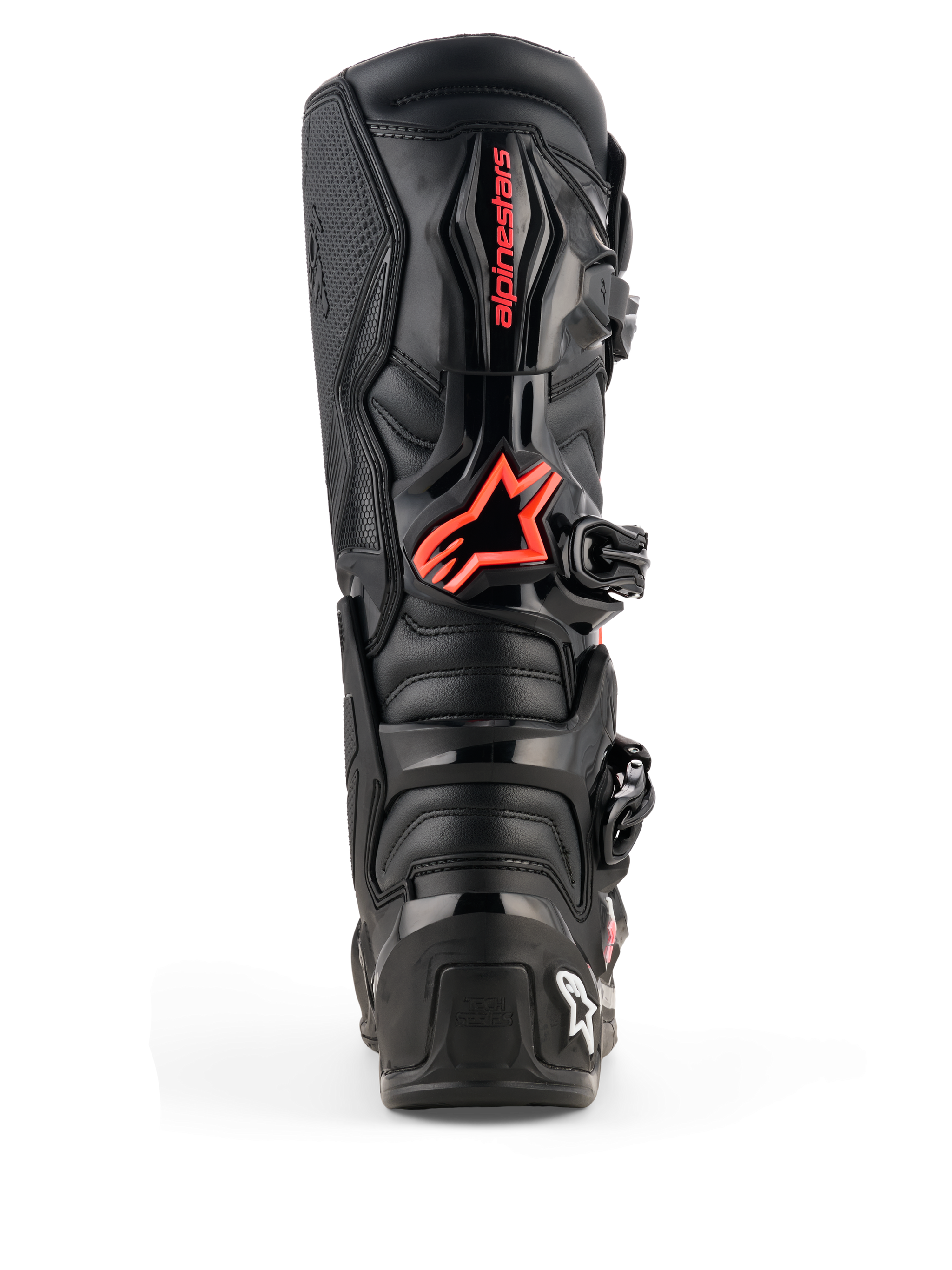 Stivali Alpinestars Tech 7, stivali da motocross, nero e rosso fluo, vista posteriore con piastra protettiva in TPU, logo Alpinestars rosso sul polpaccio, costruzione resistente per prestazioni off-road