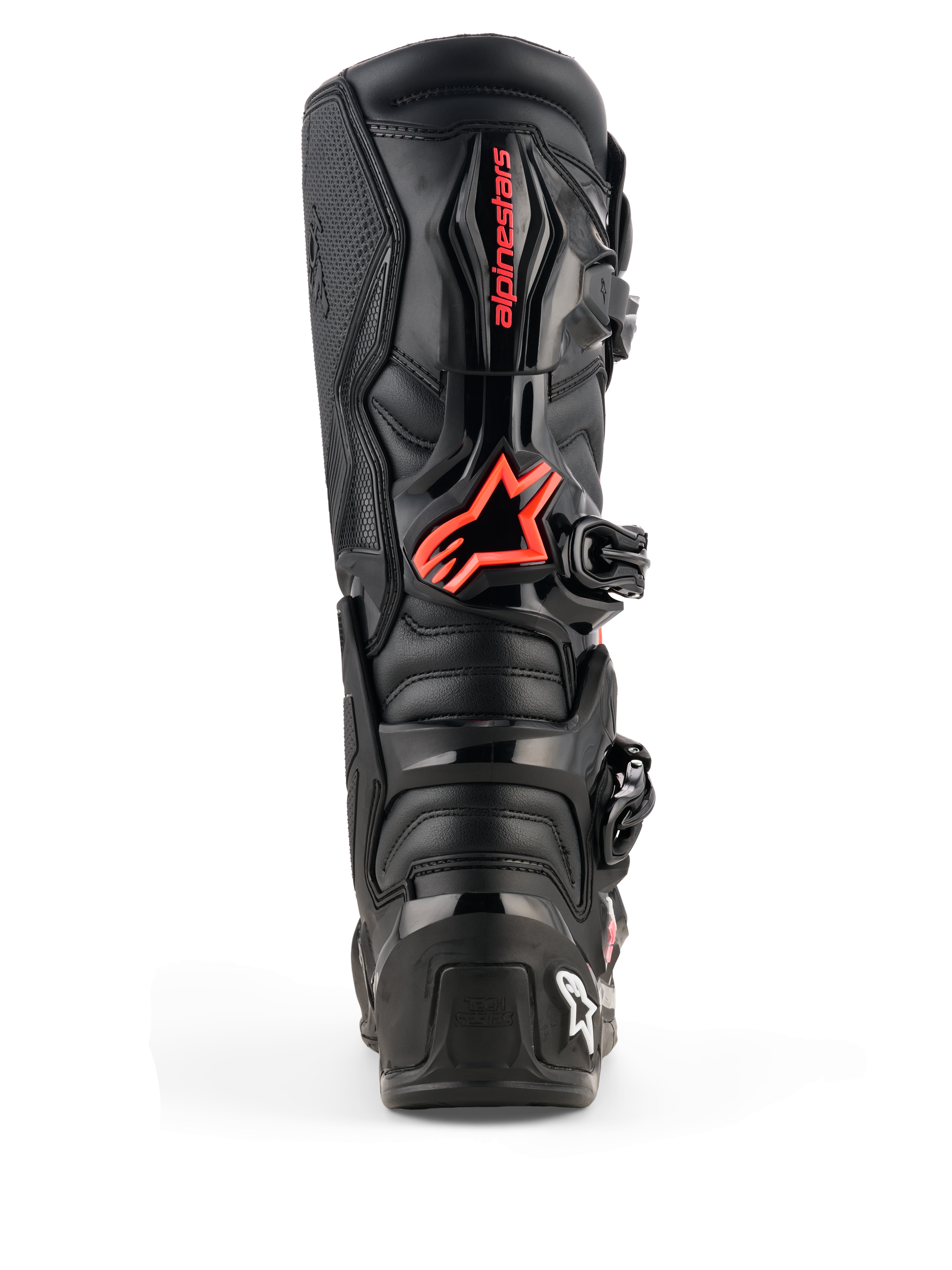 Stivali Alpinestars Tech 7, stivali da motocross, nero e rosso fluo, vista posteriore con piastra protettiva in TPU, logo Alpinestars rosso sul polpaccio, costruzione resistente per prestazioni off-road