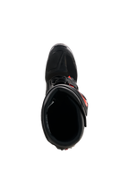 Stivali Alpinestars Tech 7, stivali da motocross, nero e rosso fluo, vista dall'alto che mostra la fodera interna e il sistema di chiusura, robusta costruzione in TPU con vivaci accenti rossi per prestazioni di gara fuoristrada