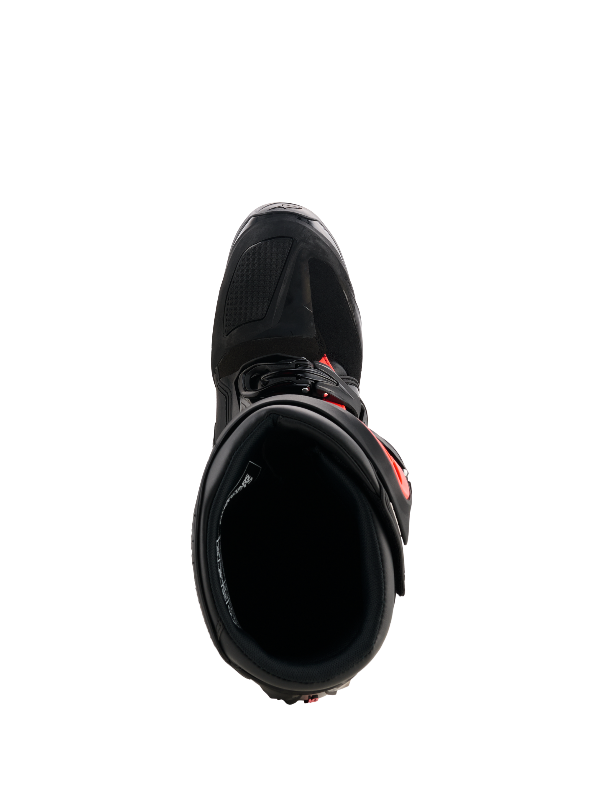 Stivali Alpinestars Tech 7, stivali da motocross, nero e rosso fluo, vista dall'alto che mostra la fodera interna e il sistema di chiusura, robusta costruzione in TPU con vivaci accenti rossi per prestazioni di gara fuoristrada