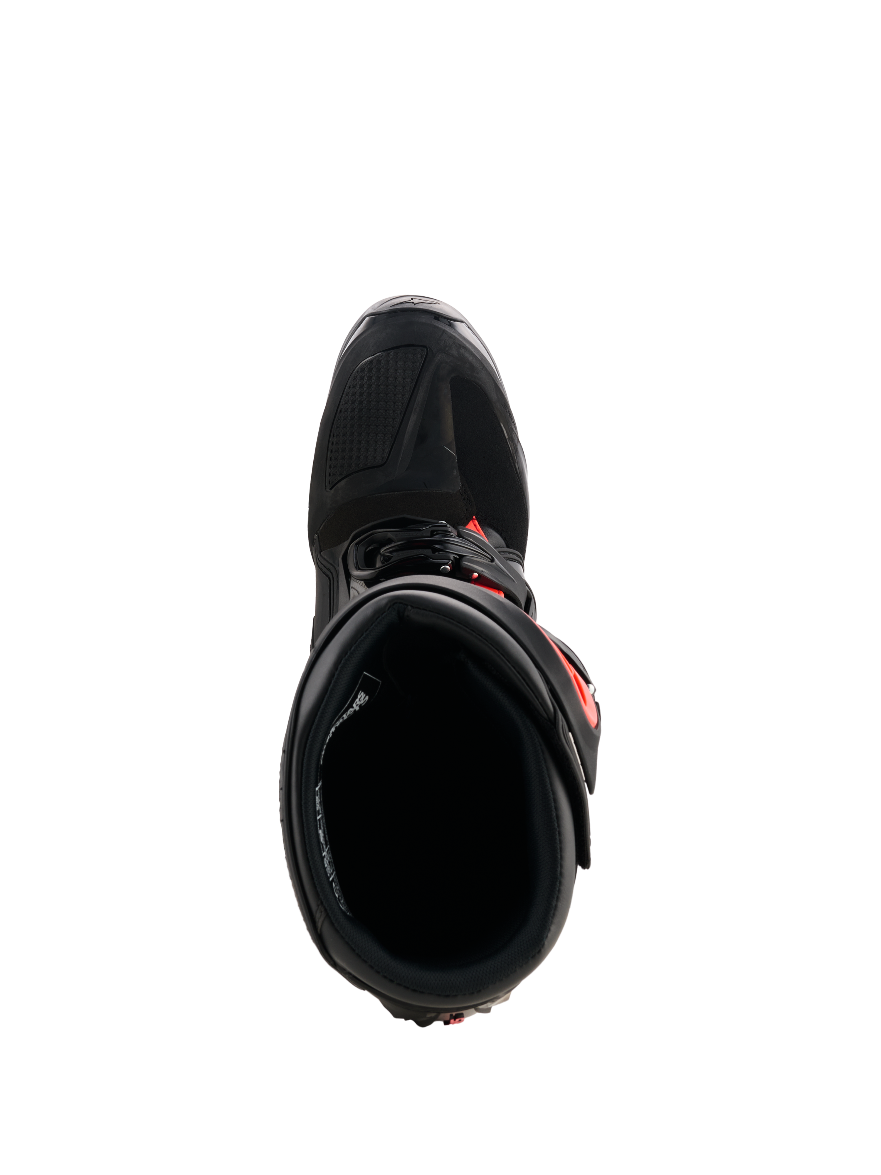 Stivali Alpinestars Tech 7, stivali da motocross, nero e rosso fluo, vista dall'alto che mostra la fodera interna e il sistema di chiusura, robusta costruzione in TPU con vivaci accenti rossi per prestazioni di gara fuoristrada