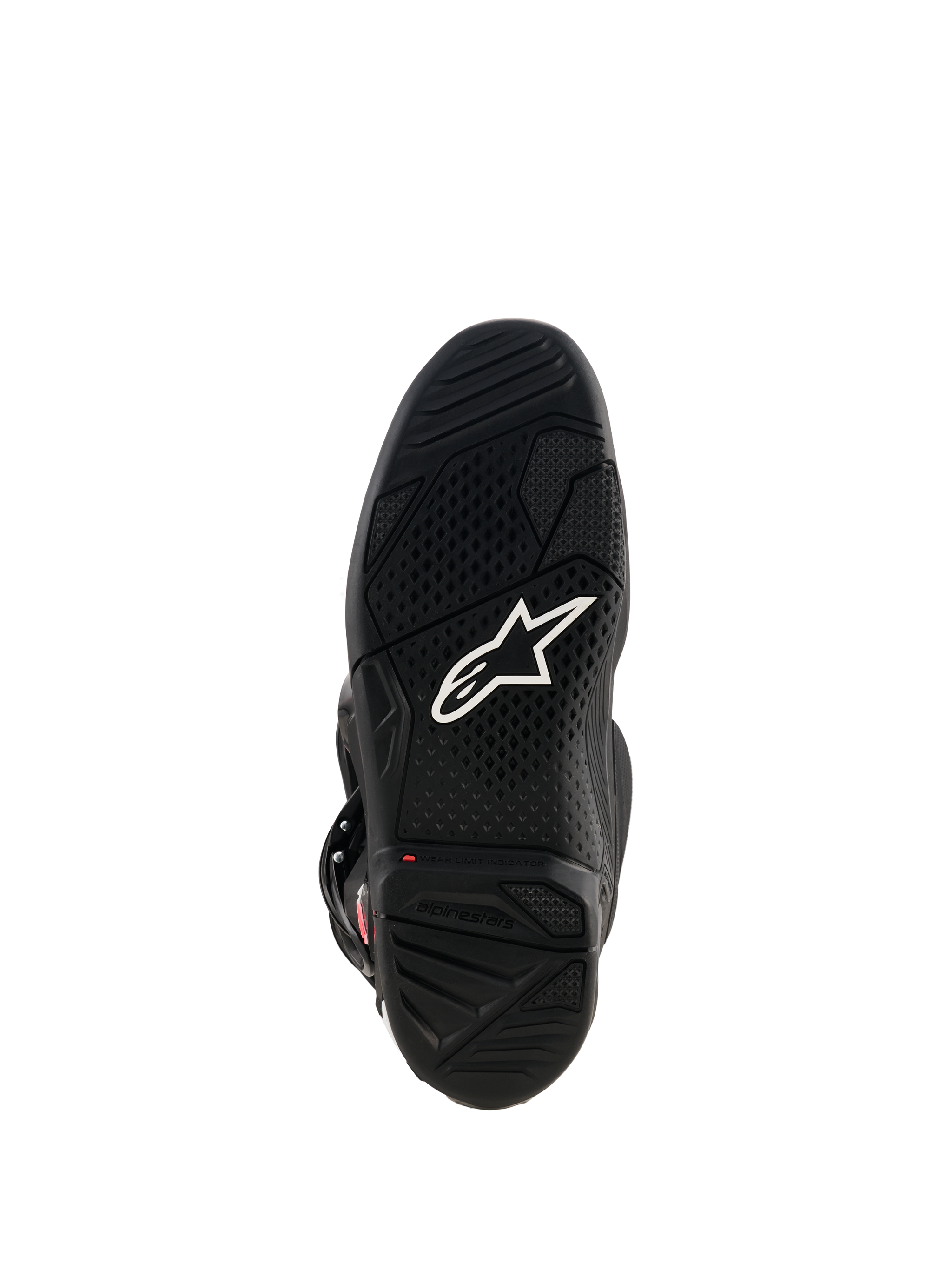 Stivali Alpinestars Tech 7, vista della suola in gomma nera con logo Astar bianco, battistrada strutturato e indicatore di limite di usura rosso per prestazioni motocross