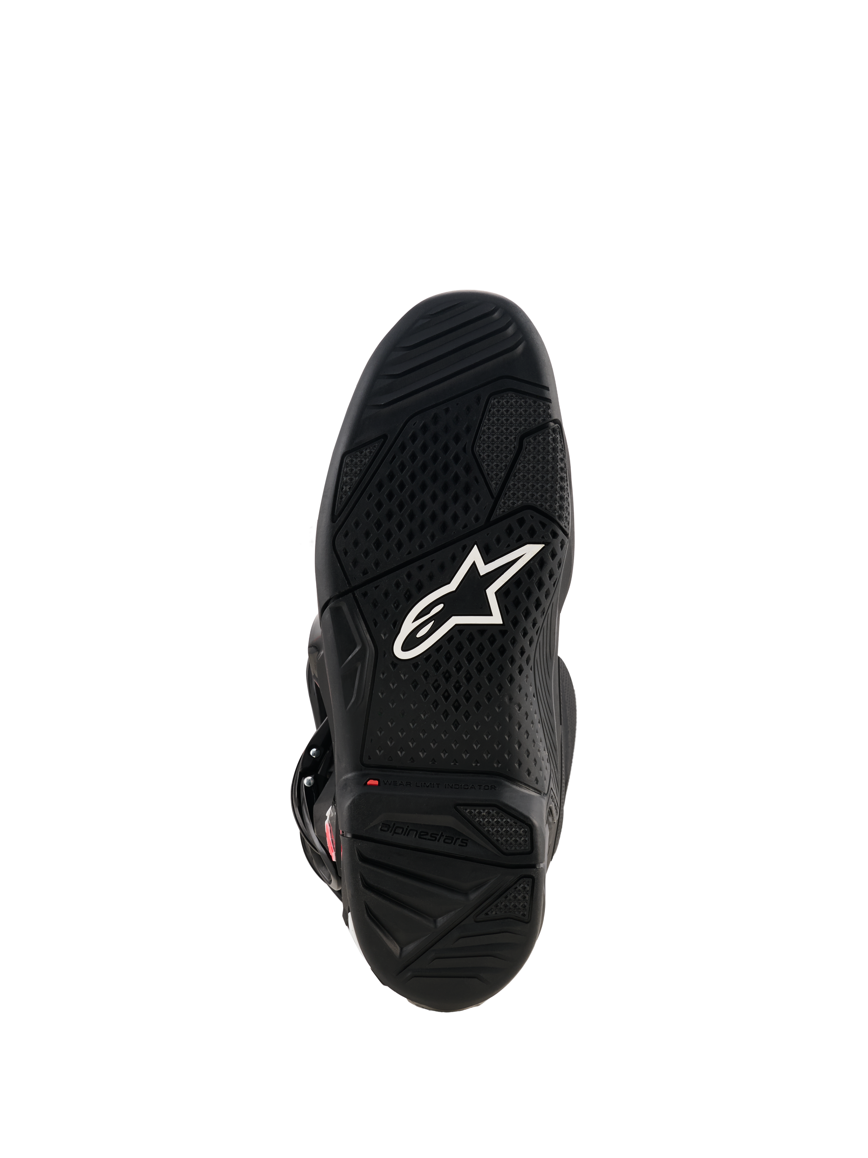 Stivali Alpinestars Tech 7, vista della suola in gomma nera con logo Astar bianco, battistrada strutturato e indicatore di limite di usura rosso per prestazioni motocross