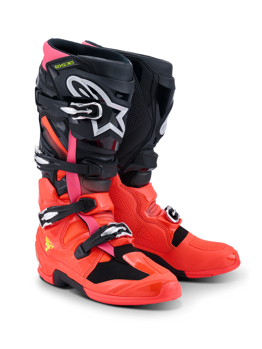 Stivali Alpinestars Tech 7, stivali da motocross, nero rosso fluo e rosa fluo, dotati di fibbie a sgancio rapido, sistema a doppio pivot e calotta protettiva in TPU, equipaggiamento resistente per la guida off-road