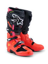 Stivali Alpinestars Tech 7, stivali da motocross, nero rosso fluo e rosa fluo, dotati di fibbie a sgancio rapido, sistema a doppio pivot e calotta protettiva in TPU, equipaggiamento resistente per la guida off-road