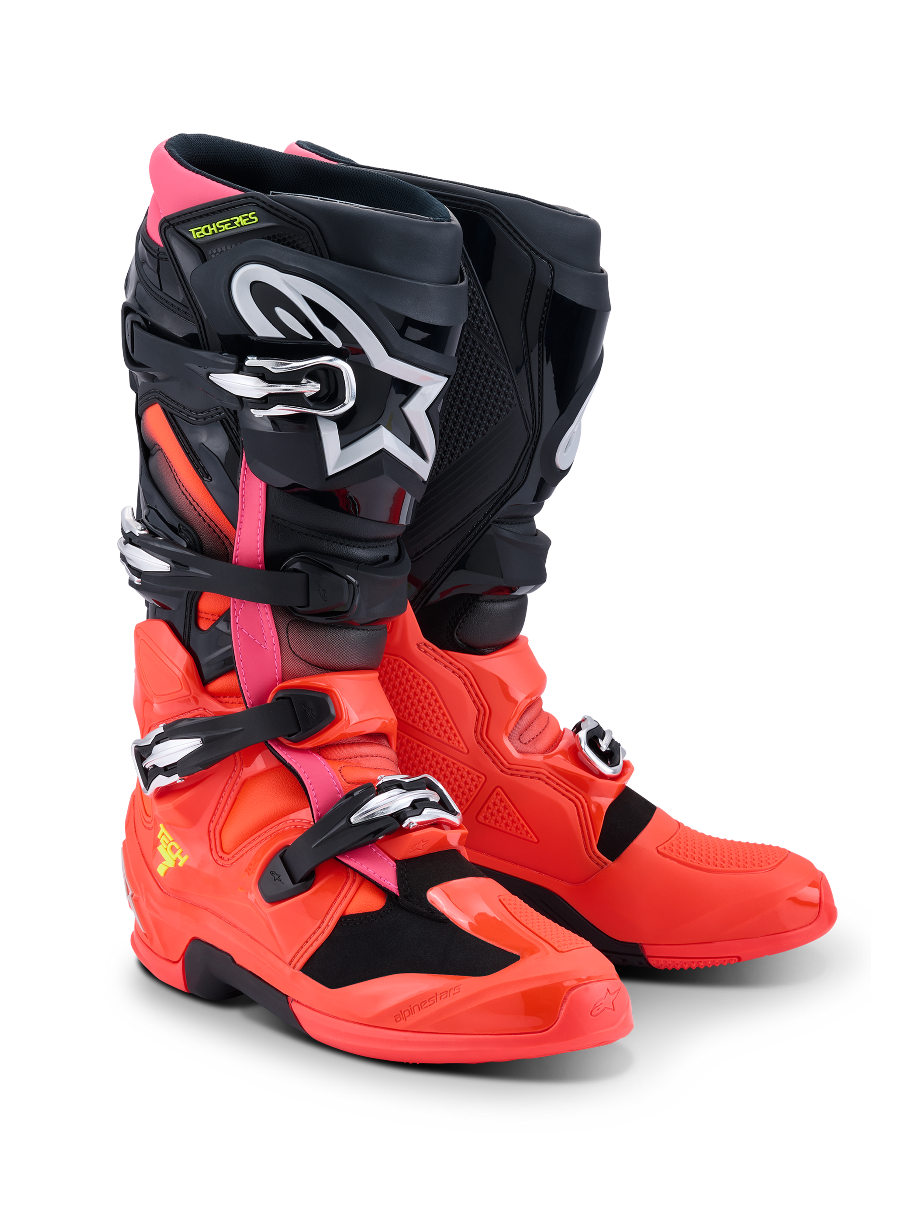Stivali Alpinestars Tech 7, stivali da motocross, nero rosso fluo e rosa fluo, dotati di fibbie a sgancio rapido, sistema a doppio pivot e calotta protettiva in TPU, equipaggiamento resistente per la guida off-road
