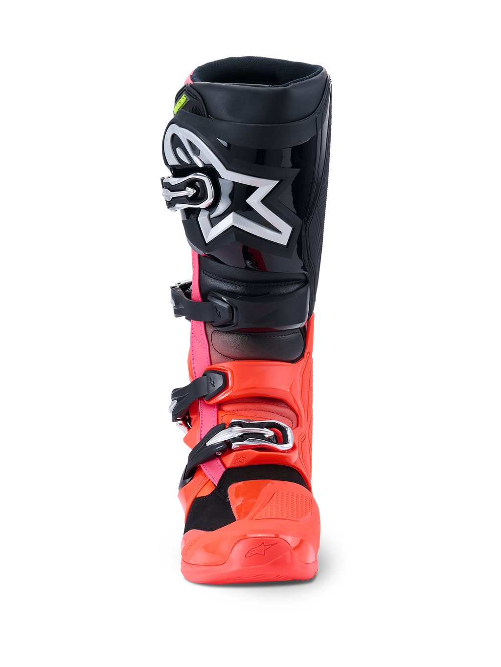 Alpinestars Stivali Tech 7, stivali da motocross, nero, rosso fluo e rosa fluo, vista frontale con placca tibiale nera e grande logo Astars bianco, struttura inferiore rosso e rosa fluo e sistema di chiusura con fibbie argentate