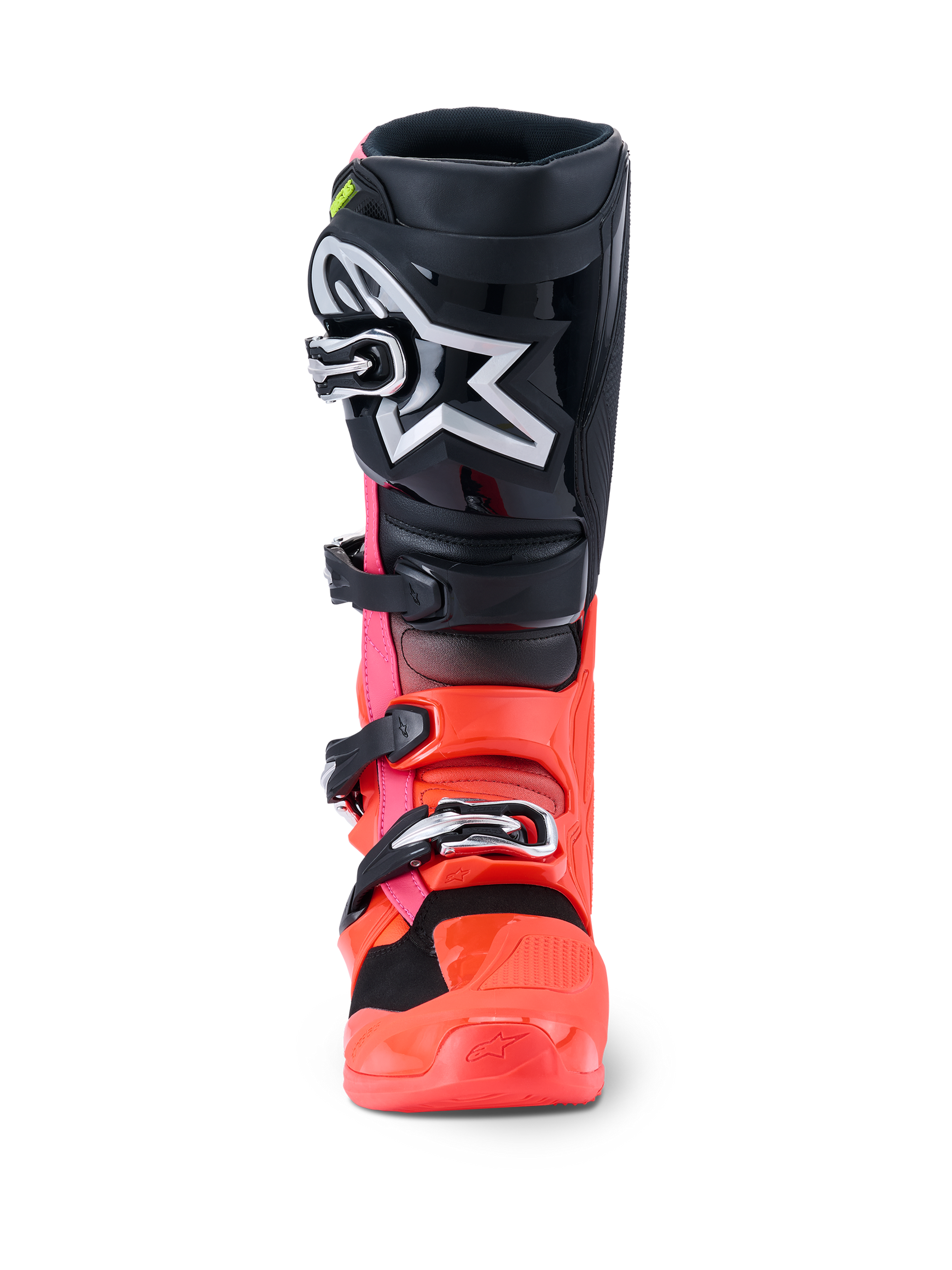 Alpinestars Stivali Tech 7, stivali da motocross, nero, rosso fluo e rosa fluo, vista frontale con placca tibiale nera e grande logo Astars bianco, struttura inferiore rosso e rosa fluo e sistema di chiusura con fibbie argentate