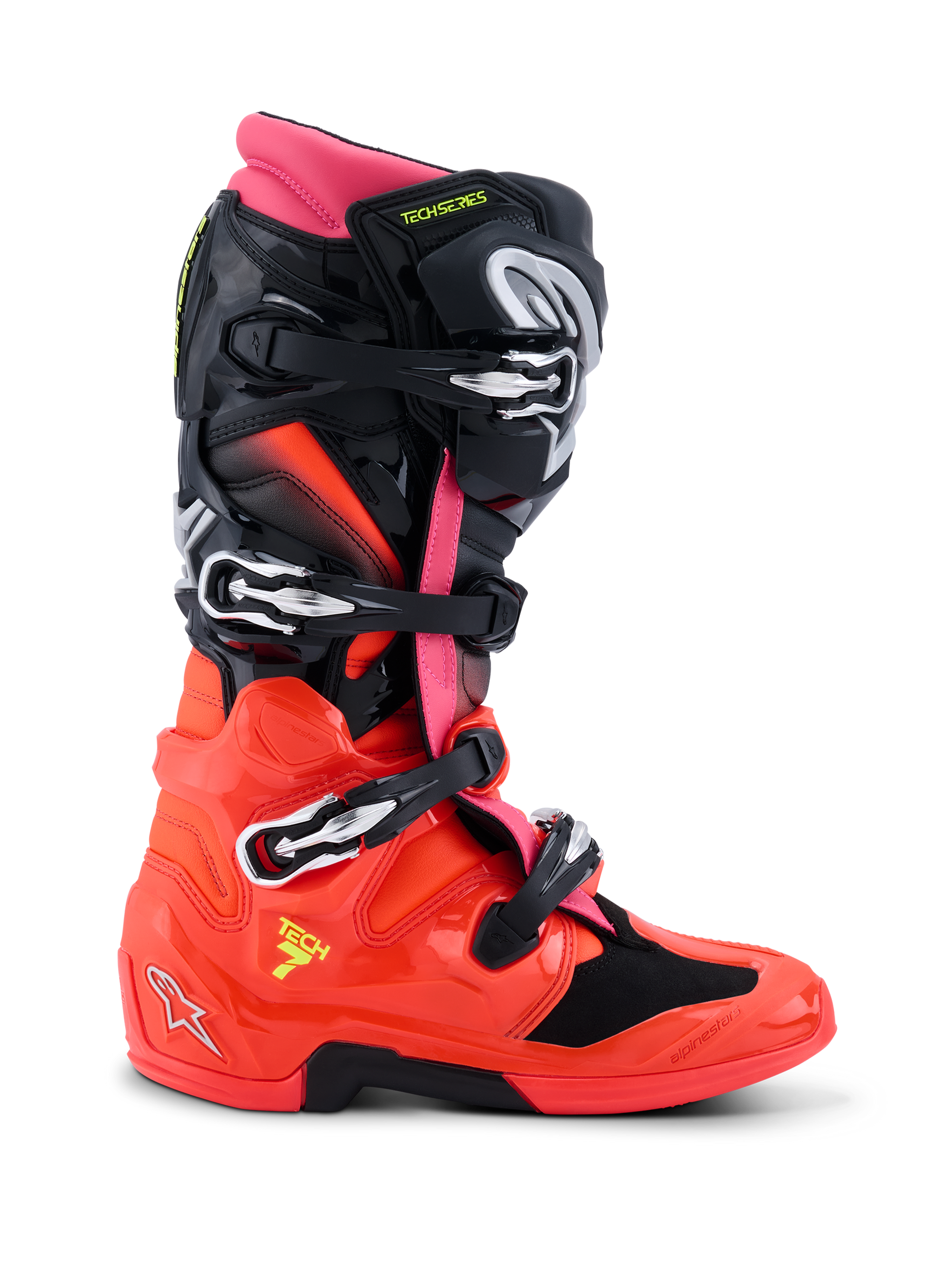 Stivali Alpinestars Tech 7, stivali da motocross, nero, rosso fluo e rosa fluo, profilo laterale con design tecnico, fibbie a sgancio rapido, calotta inferiore in TPU lucido e sistema a doppio pivot per il fuoristrada