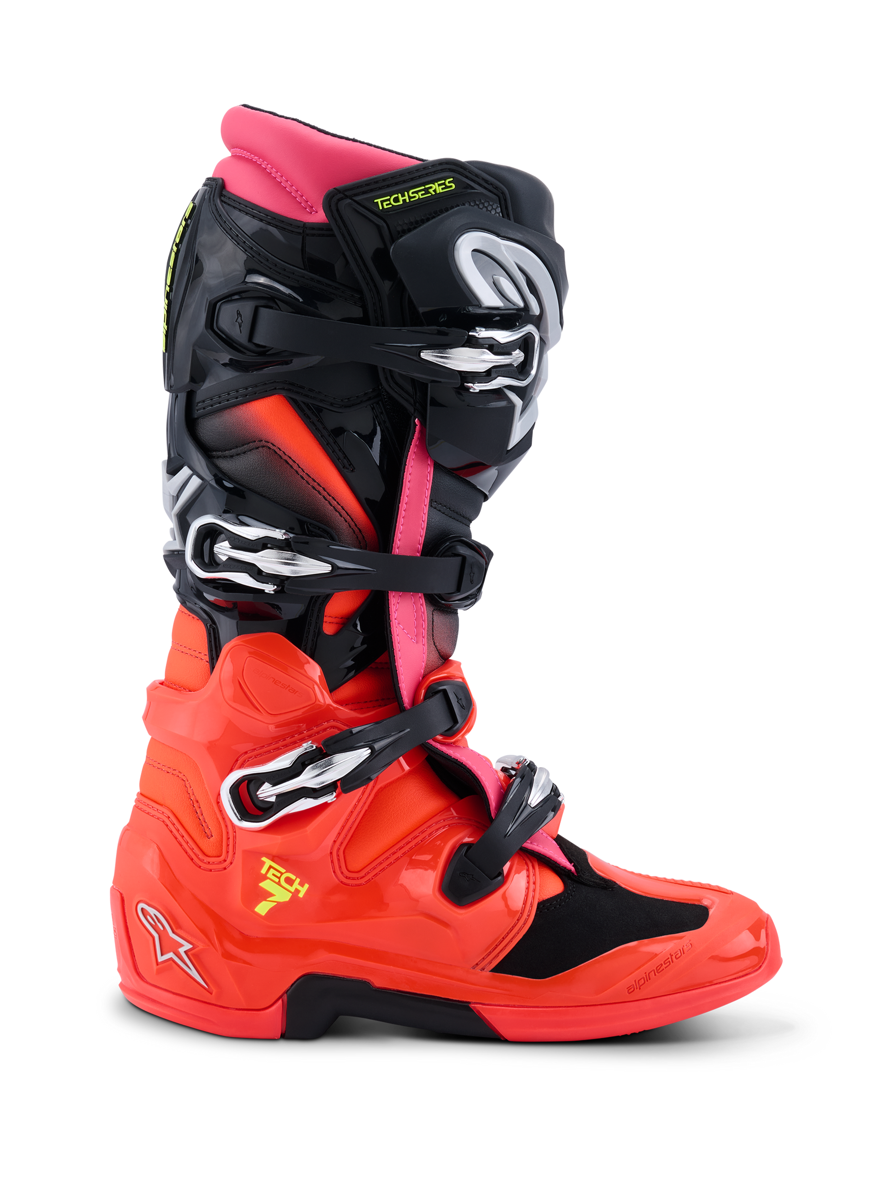 Stivali Alpinestars Tech 7, stivali da motocross, nero, rosso fluo e rosa fluo, profilo laterale con design tecnico, fibbie a sgancio rapido, calotta inferiore in TPU lucido e sistema a doppio pivot per il fuoristrada
