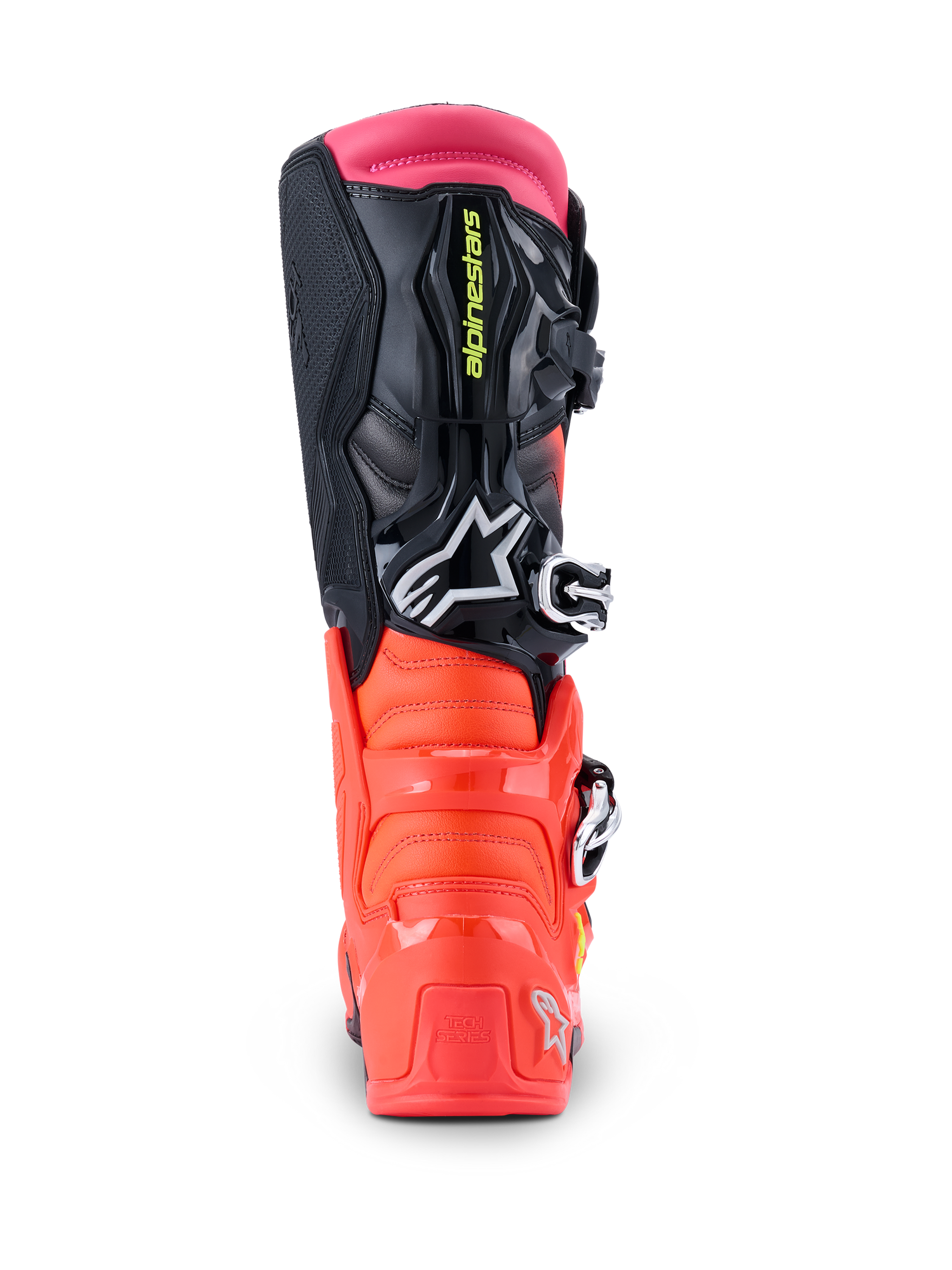 Stivali Alpinestars Tech 7, stivali da motocross, nero, rosso fluo e rosa fluo, vista posteriore che mostra il tallone in TPU rinforzato, la tomaia multi-materiale e la ghetta superiore rosa.