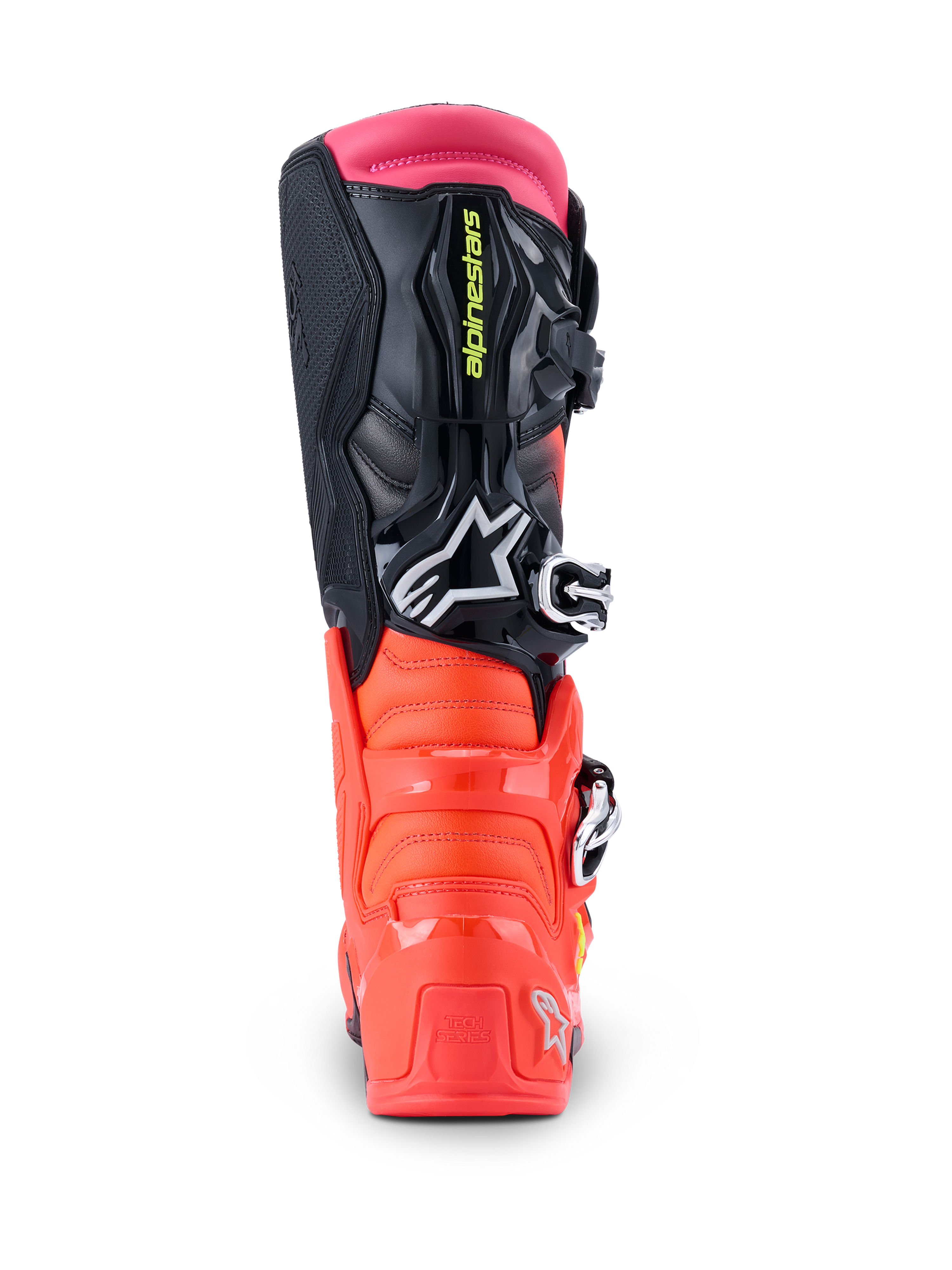 Stivali Alpinestars Tech 7, stivali da motocross, nero, rosso fluo e rosa fluo, vista posteriore che mostra il tallone in TPU rinforzato, la tomaia multi-materiale e la ghetta superiore rosa.