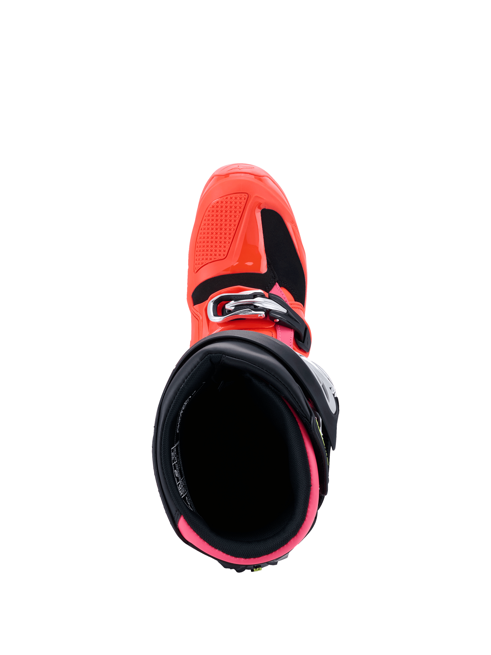 Stivali Alpinestars Tech 7, Collezione MX26, stivali da motocross, Nero Rosso Fluo e Rosa Fluo, vista dall'alto verso l'apertura interna, con fodera rosa acceso e calotta esterna rosso fluo con chiusura a fibbia.