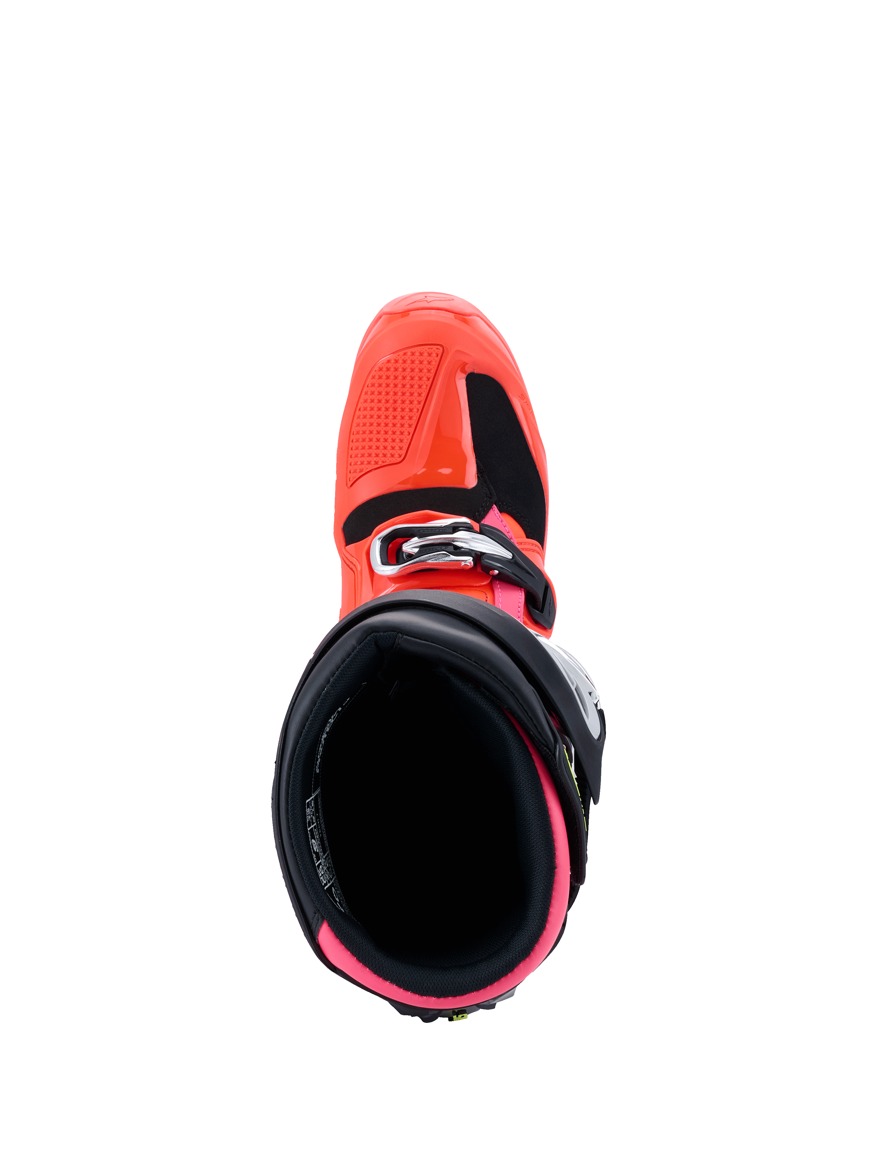 Stivali Alpinestars Tech 7, Collezione MX26, stivali da motocross, Nero Rosso Fluo e Rosa Fluo, vista dall'alto verso l'apertura interna, con fodera rosa acceso e calotta esterna rosso fluo con chiusura a fibbia.