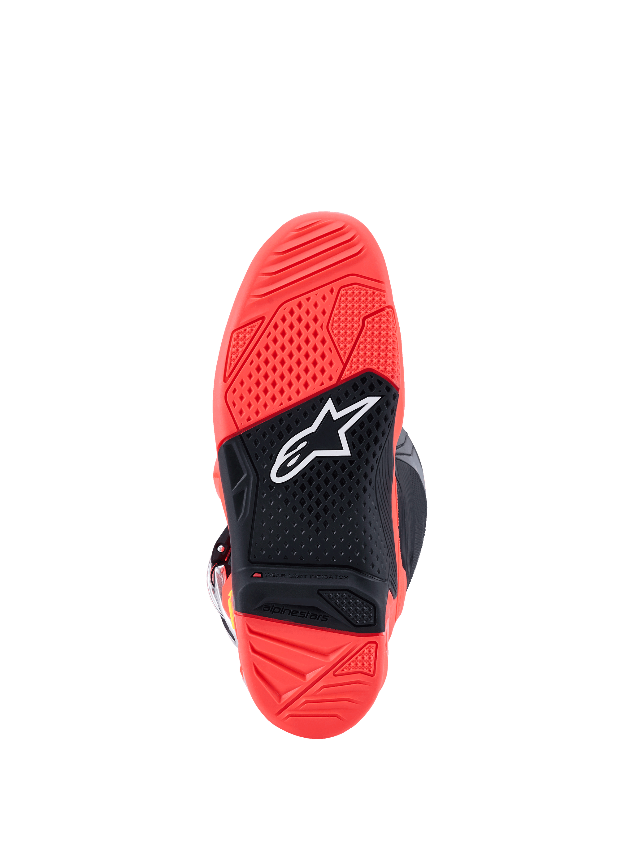 Stivali Alpinestars Tech 7, vista della suola, rosso fluorescente e nero, suola in gomma a doppia mescola con trama in rilievo, logo a stella Alpinestars bianco e indicatore di limite di usura