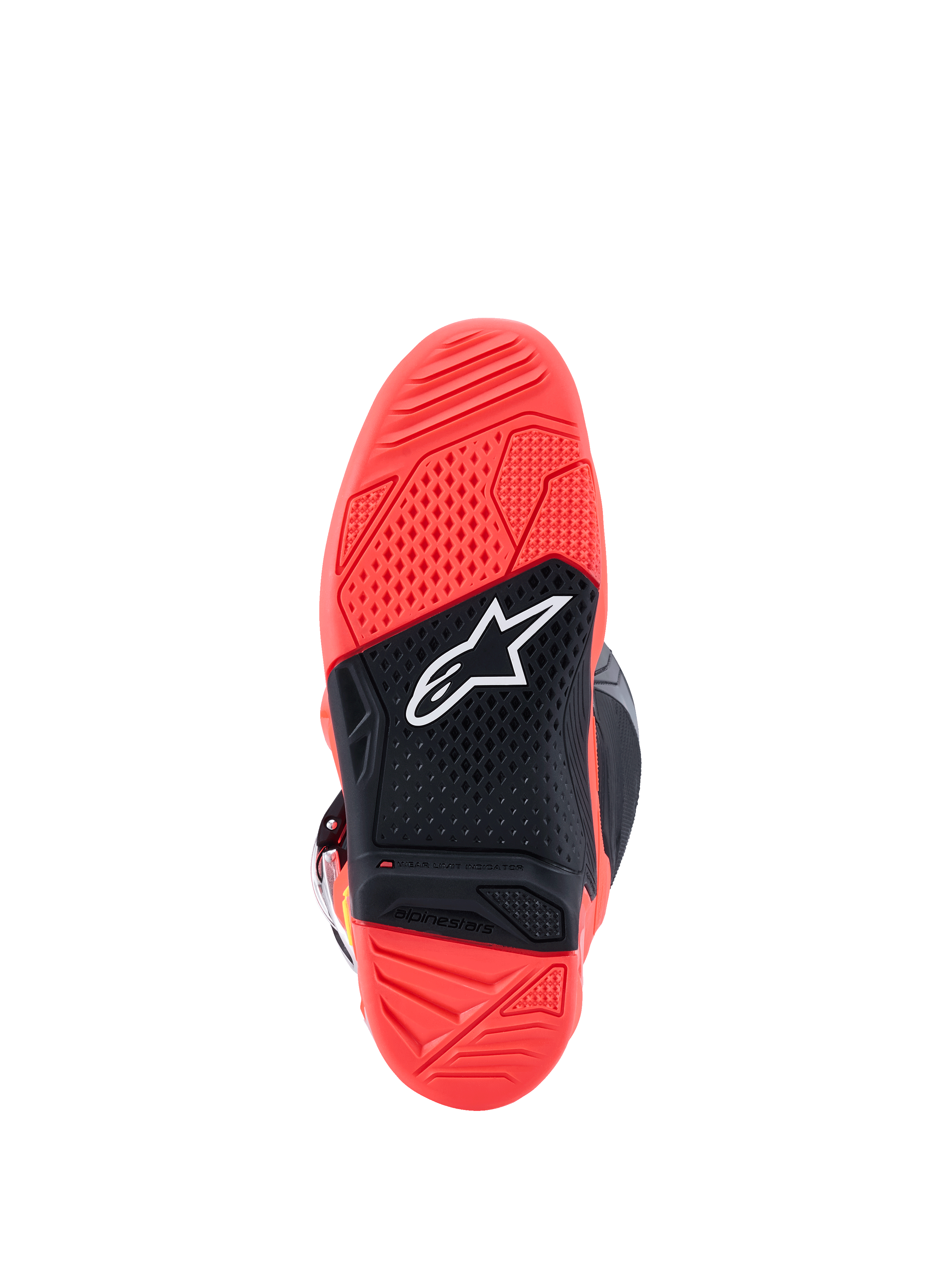 Stivali Alpinestars Tech 7, vista della suola, rosso fluorescente e nero, suola in gomma a doppia mescola con trama in rilievo, logo a stella Alpinestars bianco e indicatore di limite di usura