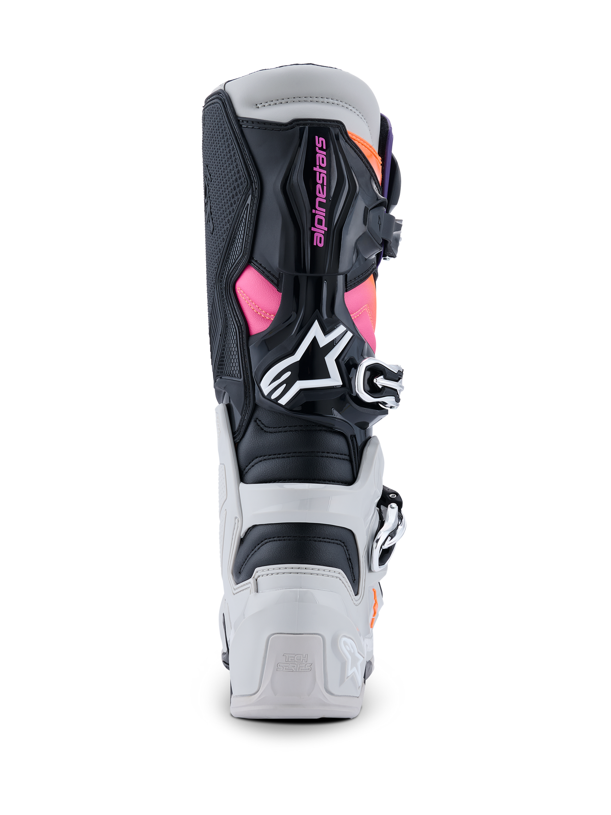 Stivali Alpinestars Tech 7, stivali da motocross, nero, grigio chiaro, arancione fluo e magenta, vista posteriore che mostra le protezioni in TPU per tallone e polpaccio, marchio Alpinestars rosa, logo bianco e sistema di chiusura a fibbie resistente