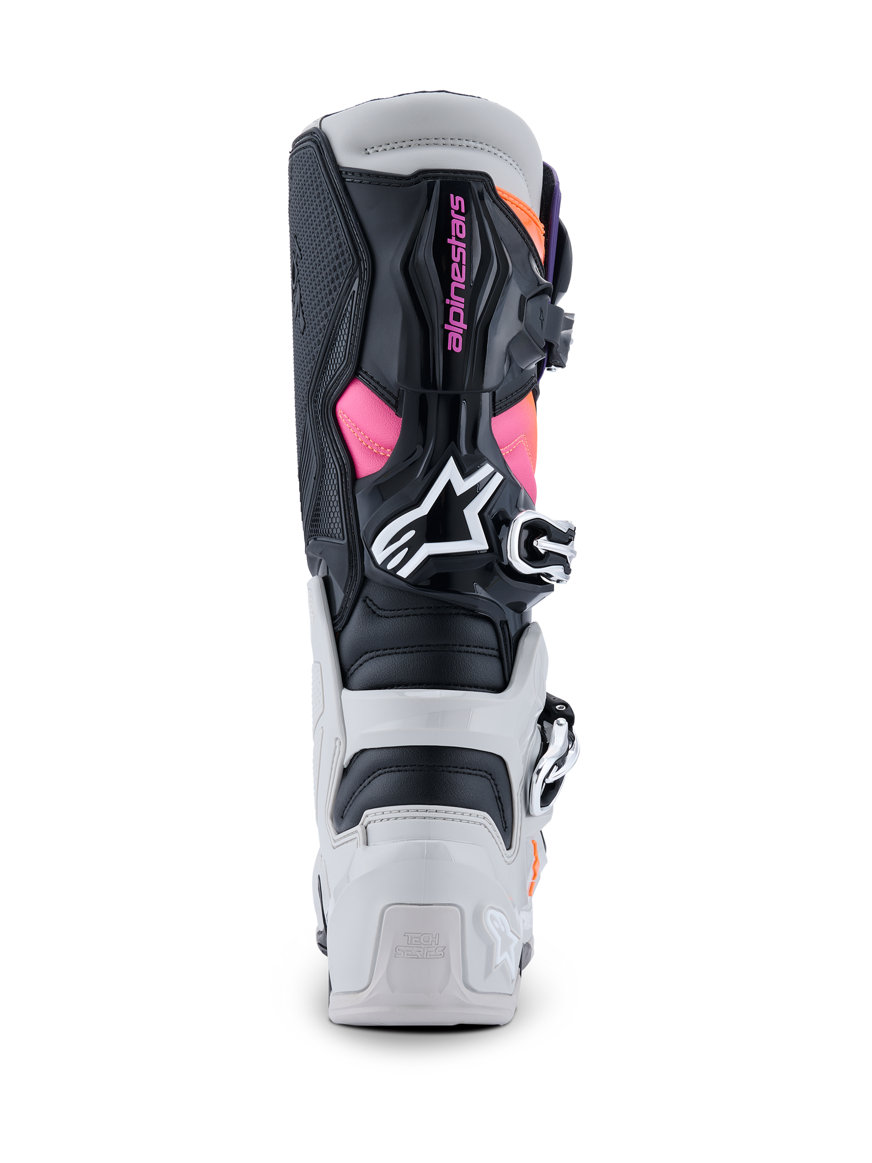 Stivali Alpinestars Tech 7, stivali da motocross, nero, grigio chiaro, arancione fluo e magenta, vista posteriore che mostra le protezioni in TPU per tallone e polpaccio, marchio Alpinestars rosa, logo bianco e sistema di chiusura a fibbie resistente
