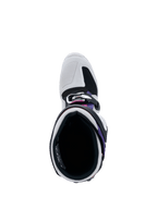 Alpinestars Tech 7 Boots, vista dall'alto dell'apertura dello stivale, grigio chiaro e nero con accenti viola e magenta, mostra l'imbottitura interna, il sistema di fibbie e il puntale rinforzato per gare off-road