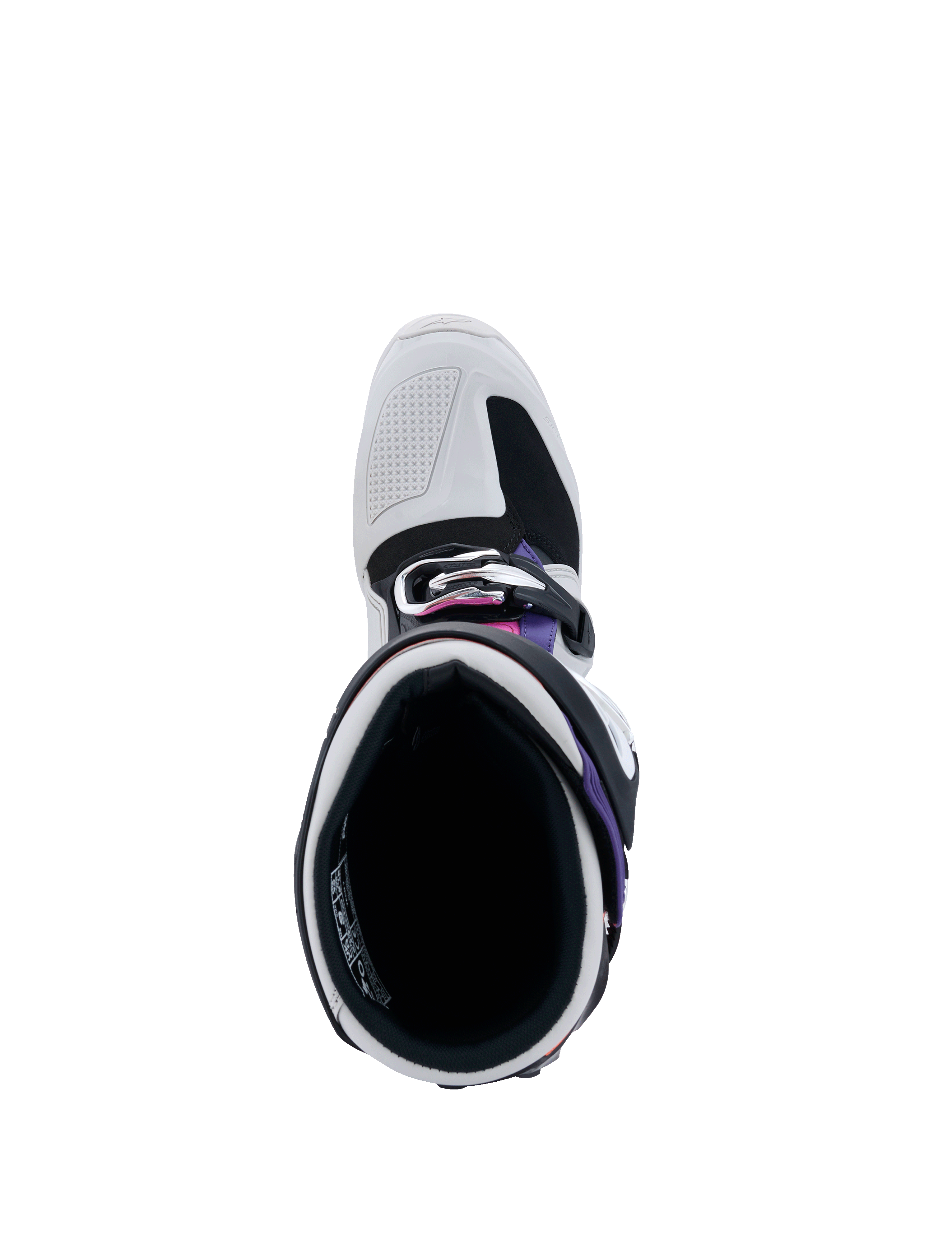 Alpinestars Tech 7 Boots, vista dall'alto dell'apertura dello stivale, grigio chiaro e nero con accenti viola e magenta, mostra l'imbottitura interna, il sistema di fibbie e il puntale rinforzato per gare off-road
