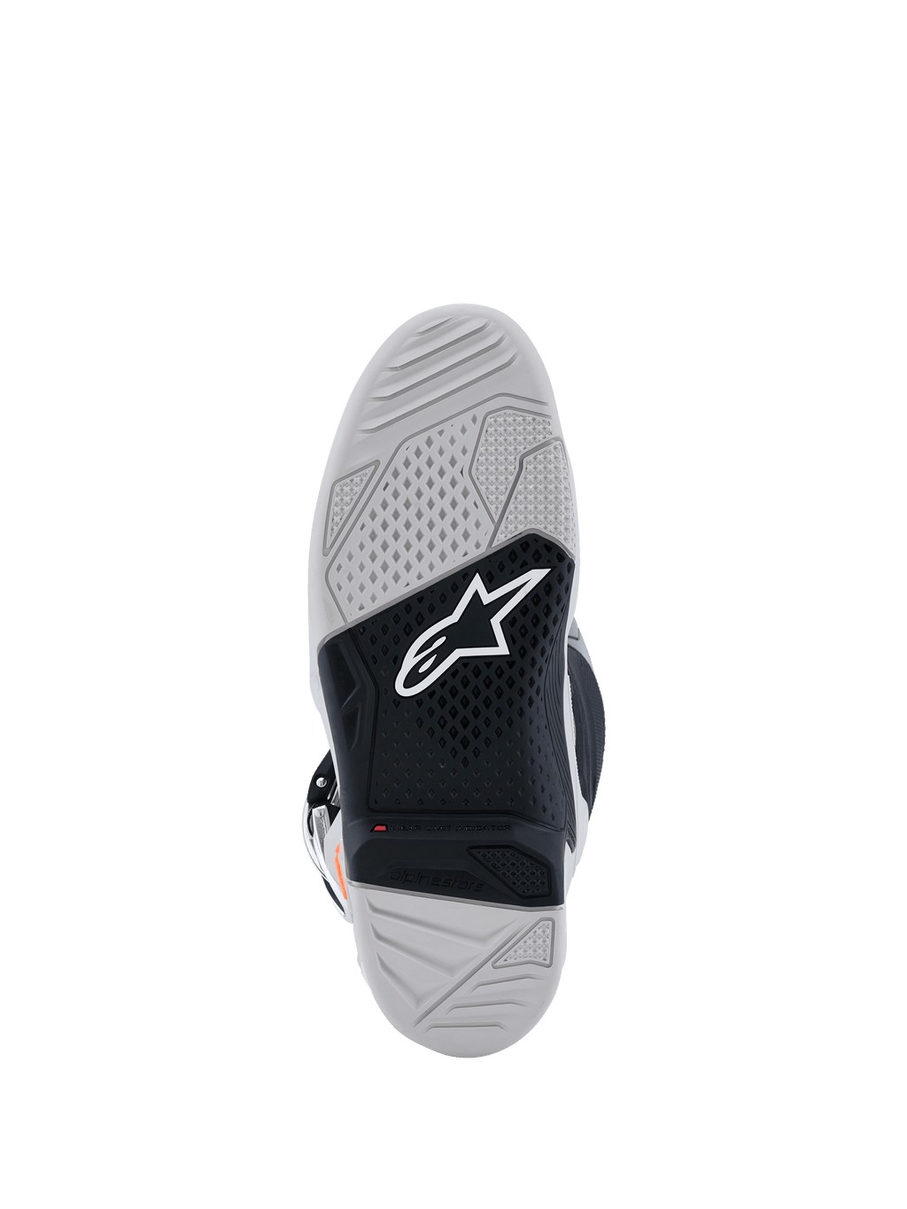 Alpinestars Tech 7 Boots, vista della suola, stivali da motocross, grigio chiaro e nero, con suola in gomma vulcanizzata a doppia mescola, logo Alpinestars bianco, indicatore di usura rosso e trama grip testurizzata ad alta trazione.