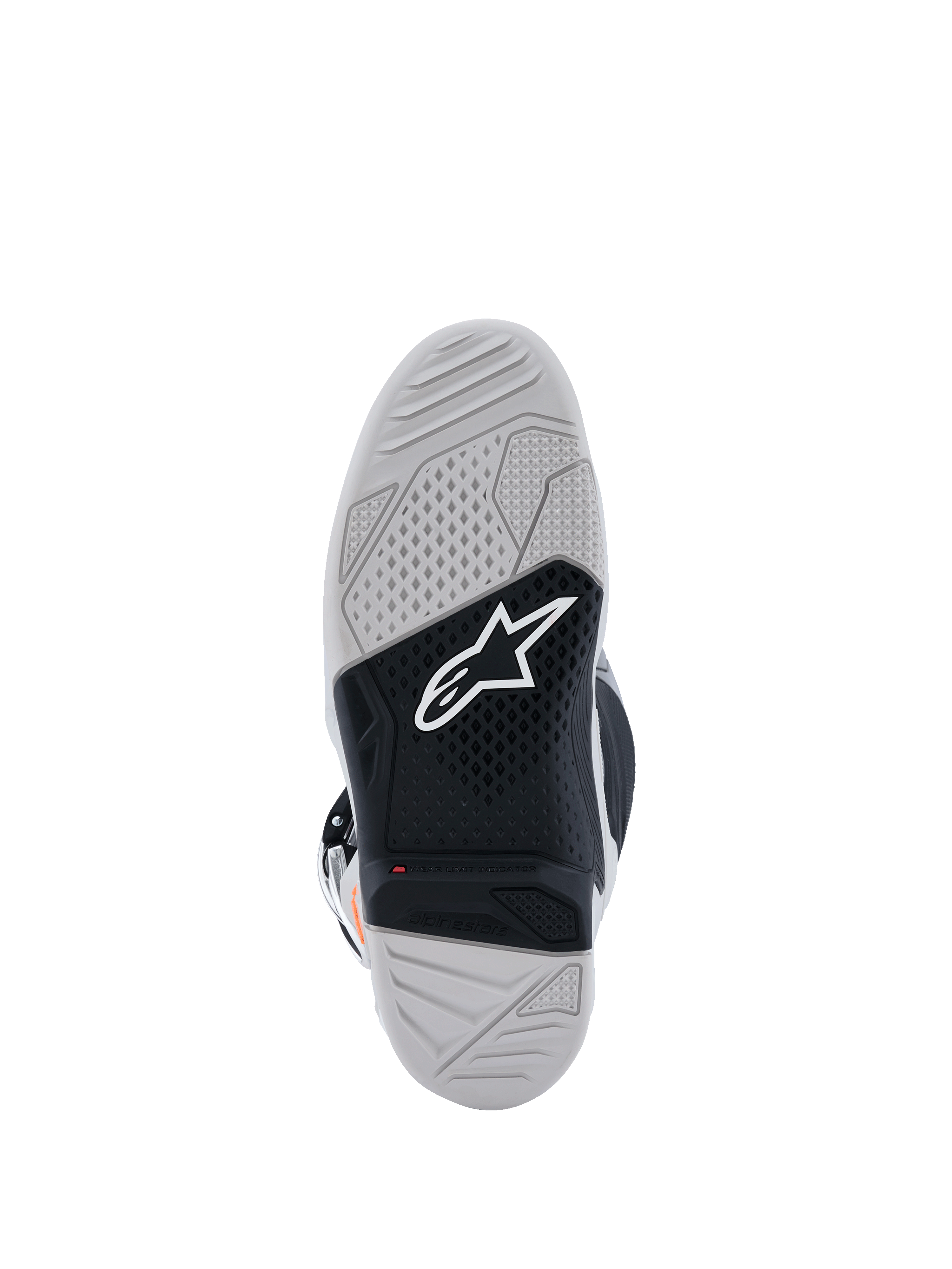 Alpinestars Tech 7 Boots, vista della suola, stivali da motocross, grigio chiaro e nero, con suola in gomma vulcanizzata a doppia mescola, logo Alpinestars bianco, indicatore di usura rosso e trama grip testurizzata ad alta trazione.