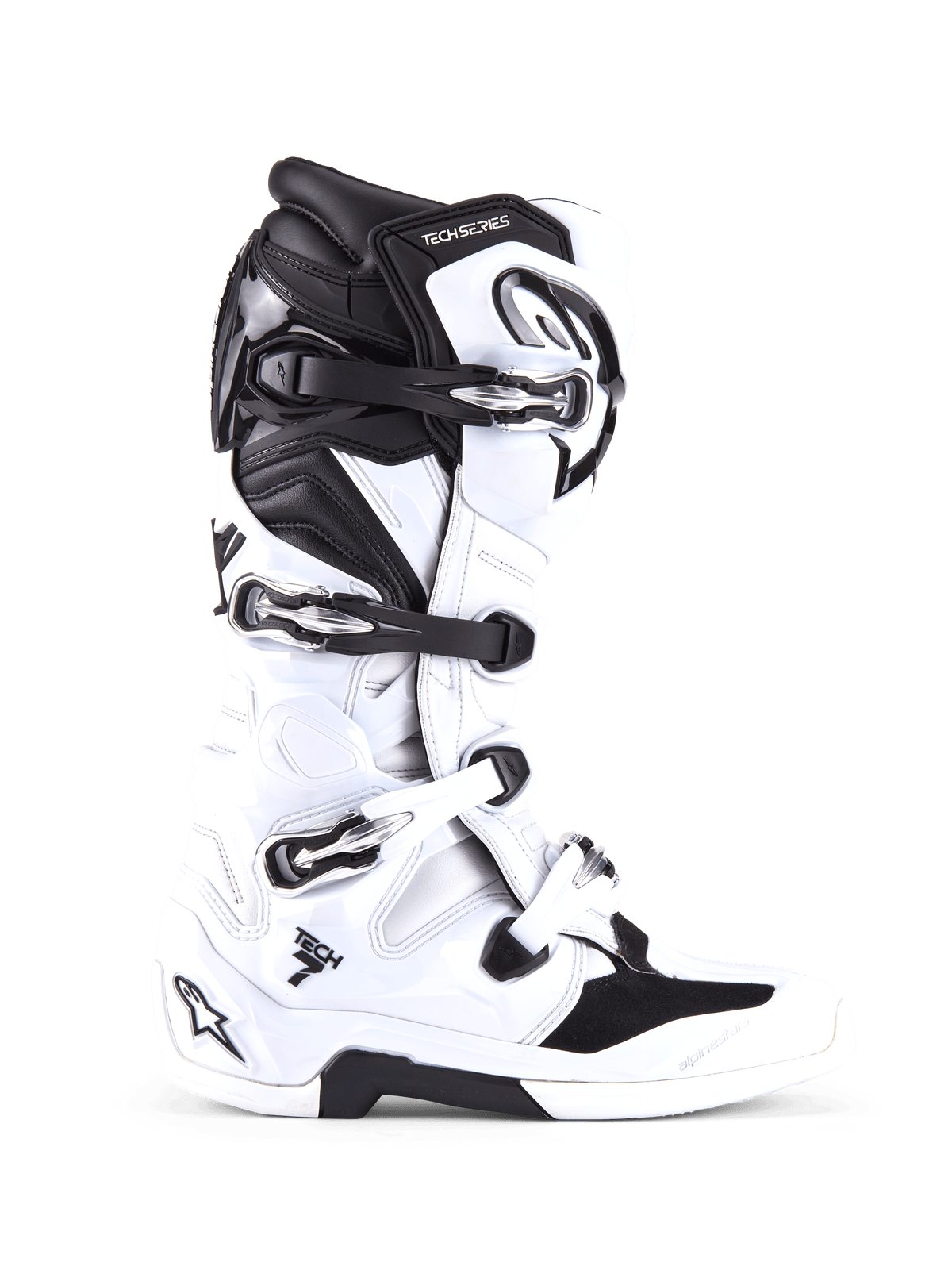 Stivali Alpinestars Tech 7, stivali da motocross fuoristrada, bianco e nero, con quattro fibbie regolabili e scocca in TPU rinforzata, profilo laterale di calzature professionali da fuoristrada