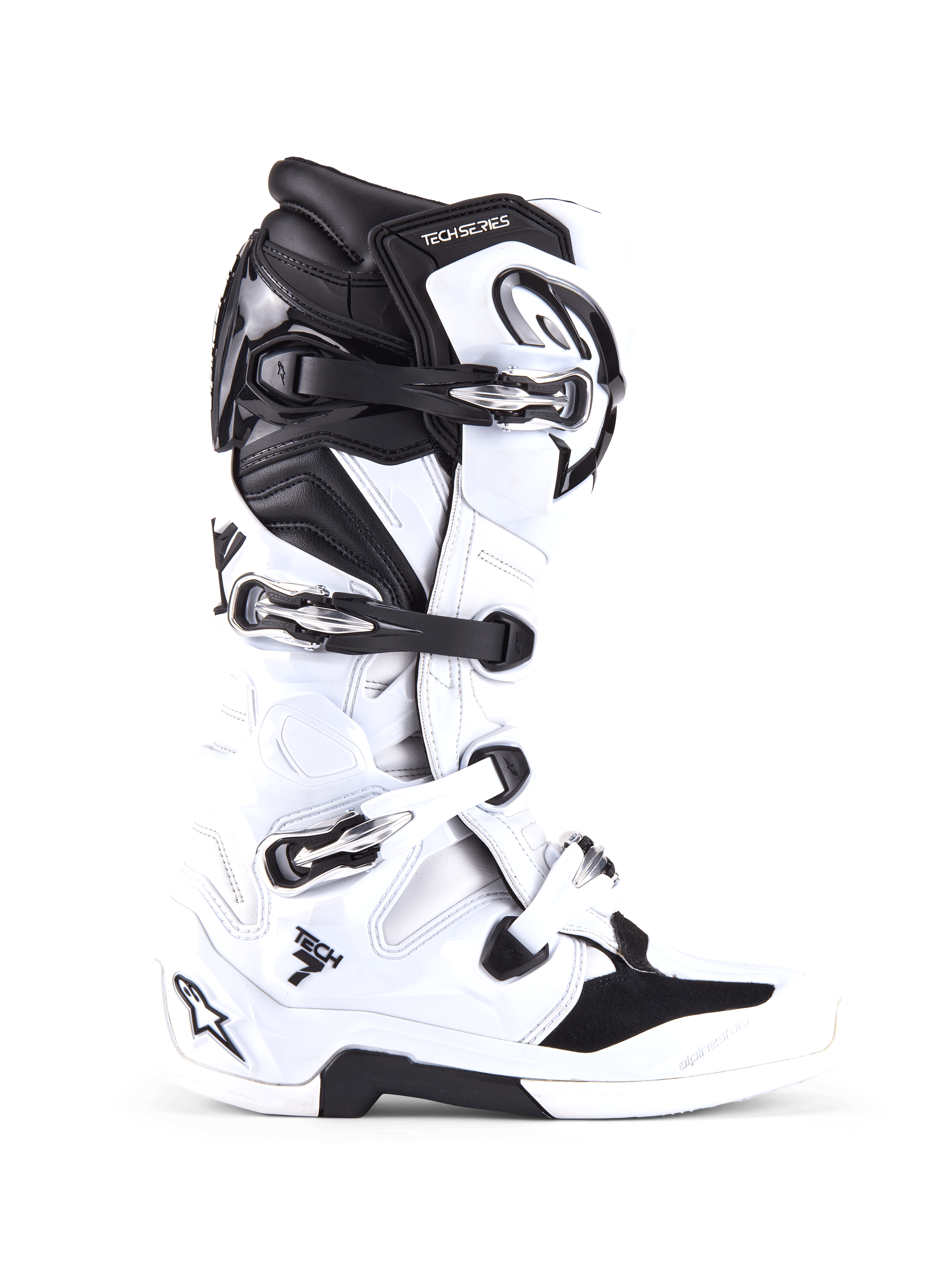 Stivali Alpinestars Tech 7, stivali da motocross fuoristrada, bianco e nero, con quattro fibbie regolabili e scocca in TPU rinforzata, profilo laterale di calzature professionali da fuoristrada