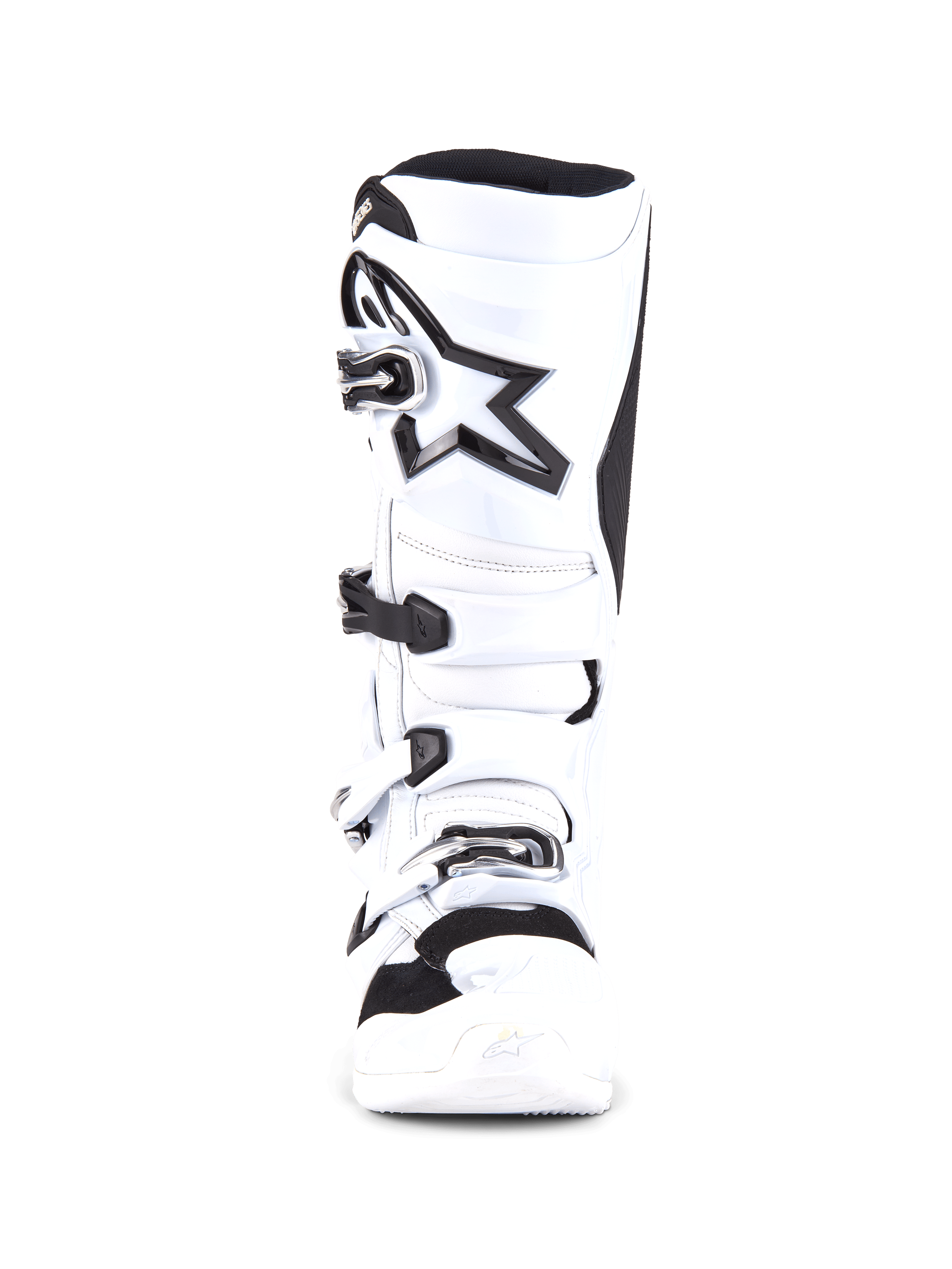 Alpinestars Tech 7 Boots, stivali da motocross, bianco e nero, vista frontale con sistema di chiusura a quattro fibbie, grande logo a stella nero sullo stinco, calotta protettiva in TPU e punta rinforzata per gare di motocross