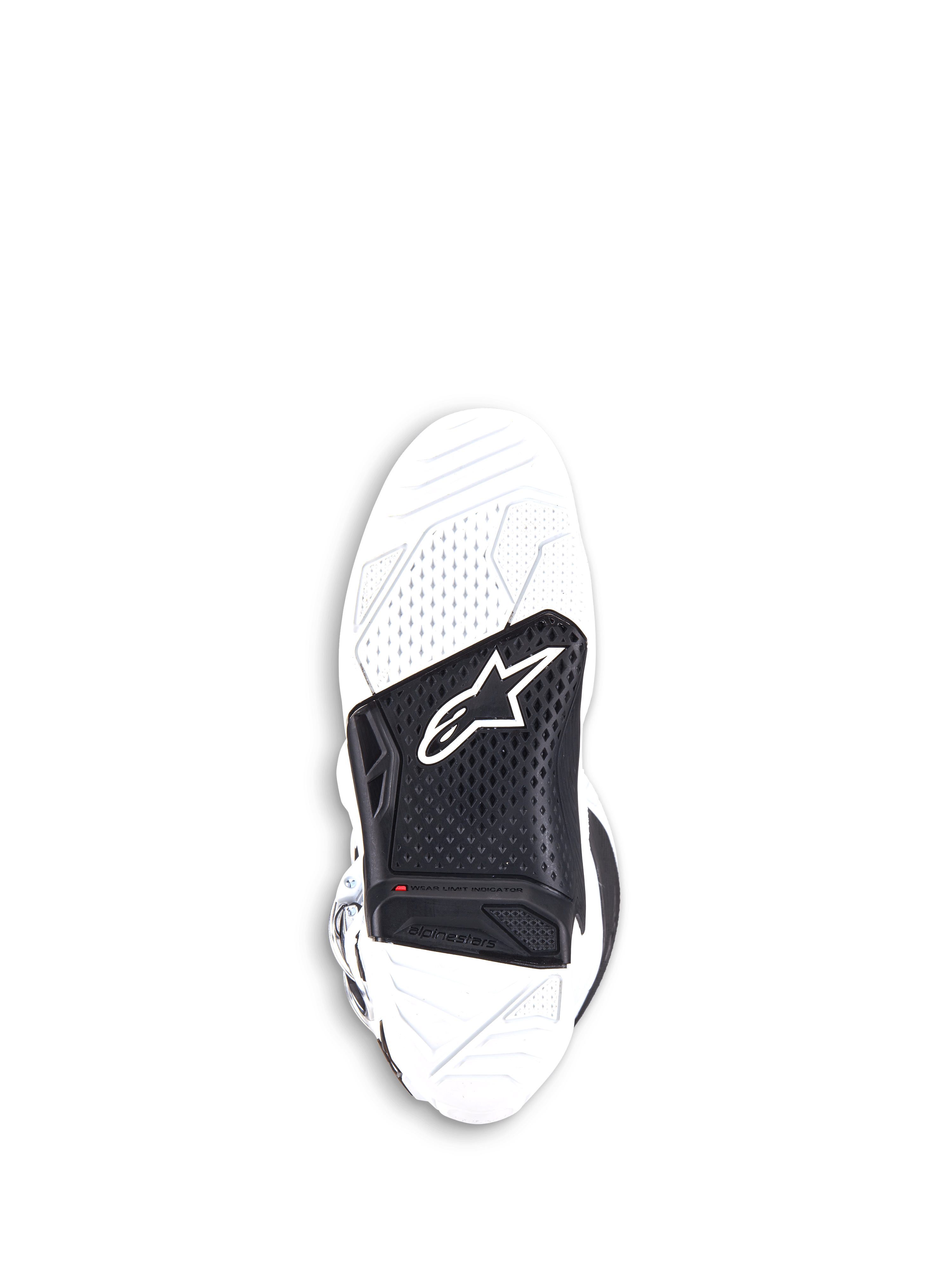 Stivali Alpinestars Tech 7, stivali da motocross, bianco e nero, vista della suola sostituibile in gomma vulcanizzata a doppio composto con inserto centrale nero, logo Alpinestars e indicatore rosso del limite di usura.