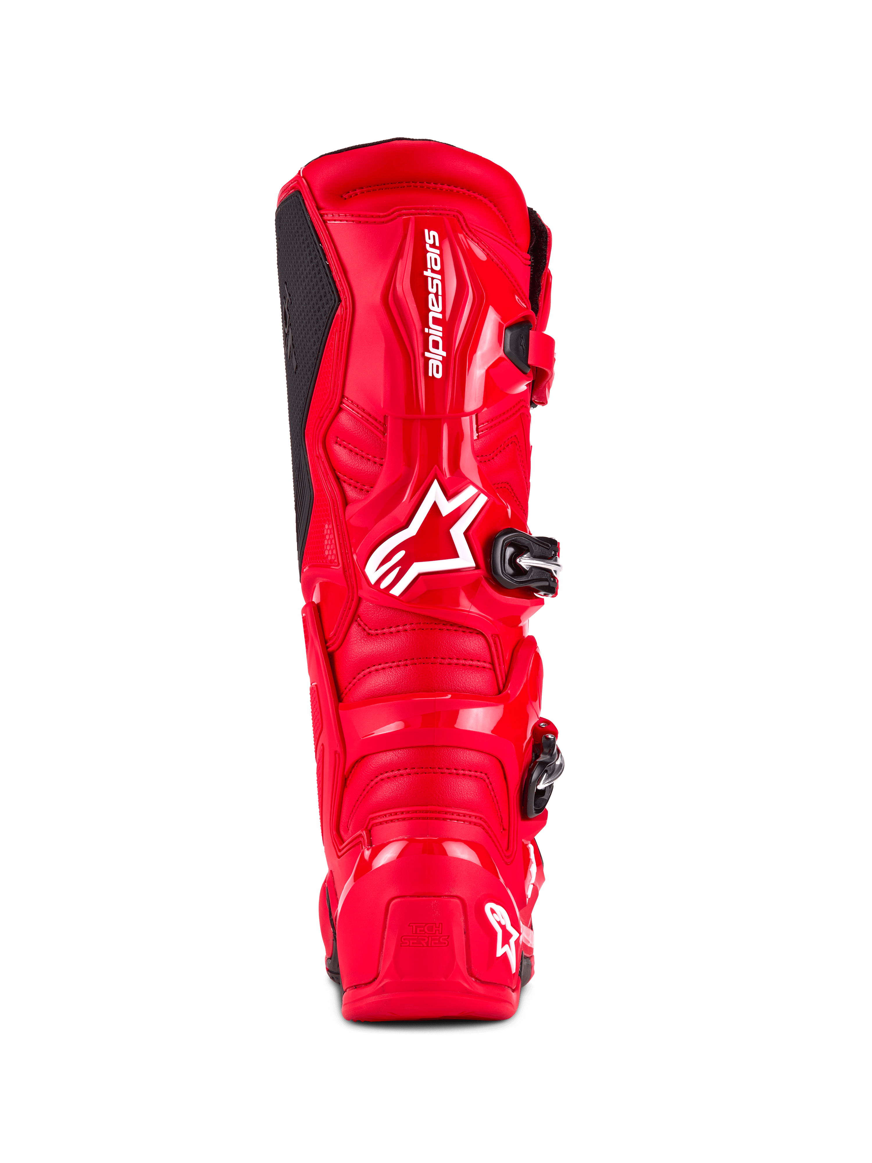Stivali Alpinestars Tech 7, stivali da motocross, rosso brillante, vista posteriore con calotta in TPU ad alto impatto, marchio Alpinestars bianco sul polpaccio e logo 'Tech Series' sul tallone, progettati per prestazioni e protezione off-road