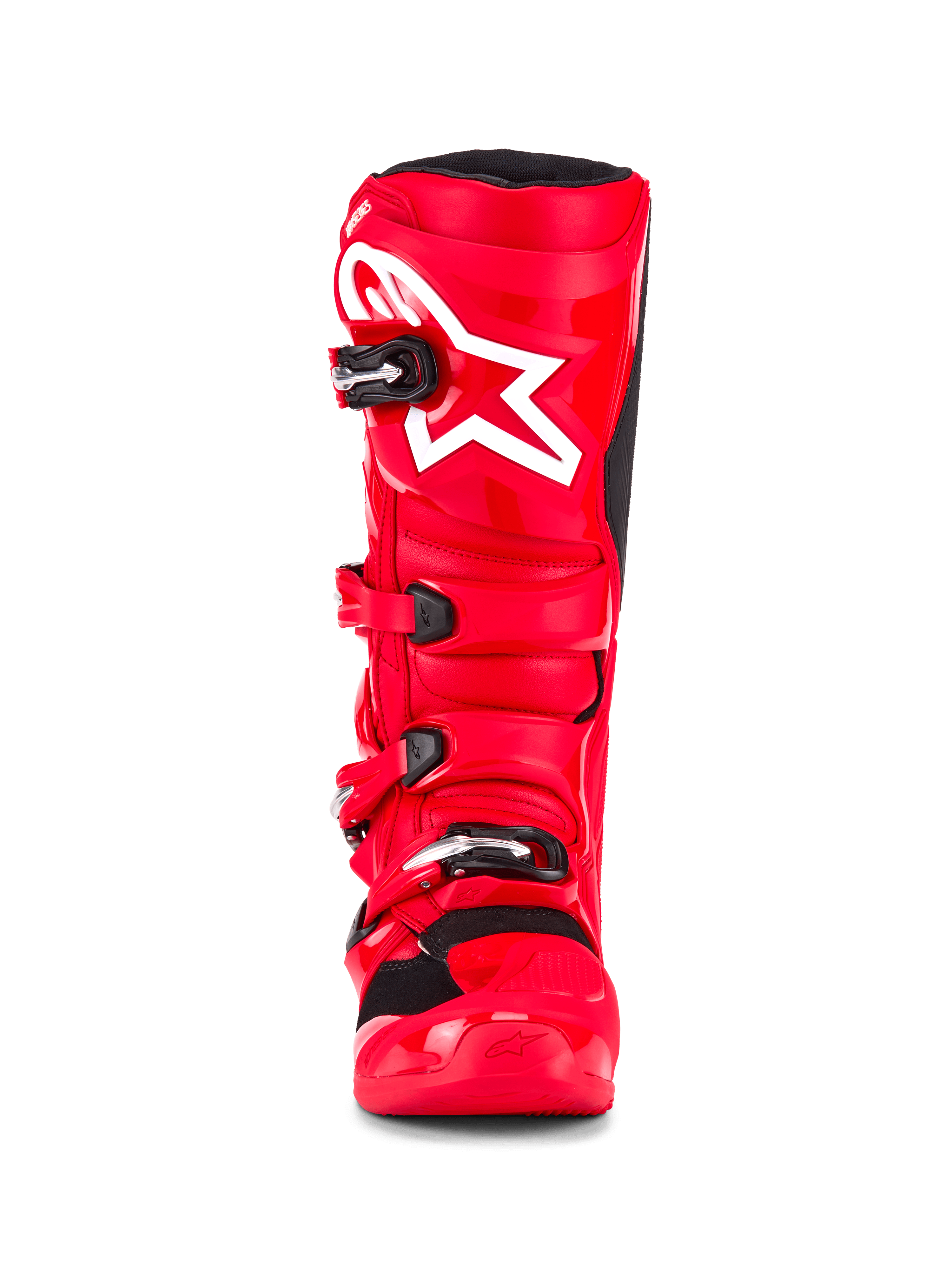 Stivali Alpinestars Tech 7, stivali da motocross, rosso acceso, vista frontale con logo a stella bianco sullo stinco, chiusure a fibbia nere e scocca protettiva in TPU ad alte prestazioni