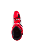 Stivali Alpinestars Tech 7, stivali da motocross, rosso acceso, vista dall'alto con fodera interna e chiusura a fibbia, robusta costruzione in TPU per la protezione fuoristrada