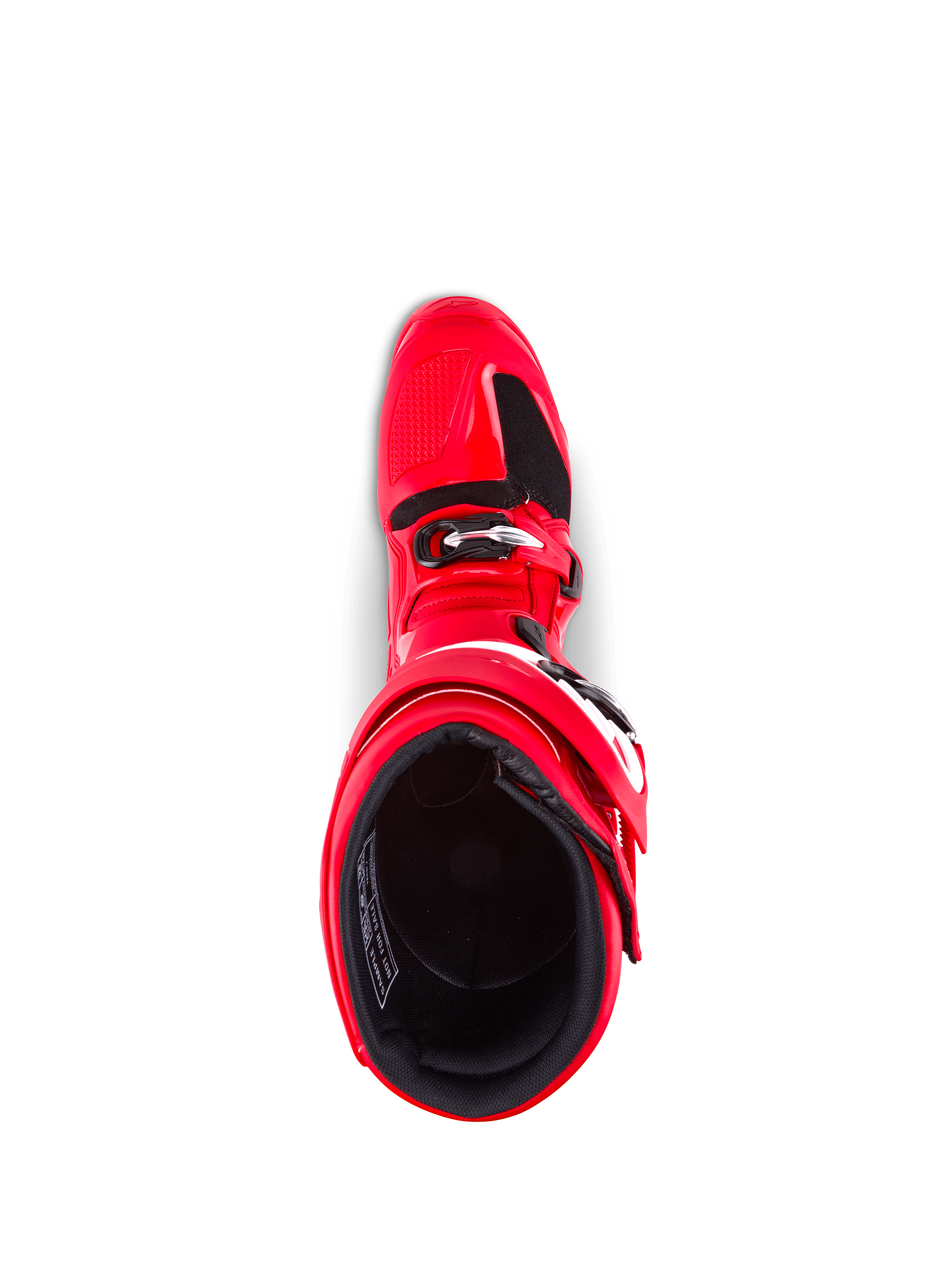 Stivali Alpinestars Tech 7, stivali da motocross, rosso acceso, vista dall'alto con fodera interna e chiusura a fibbia, robusta costruzione in TPU per la protezione fuoristrada