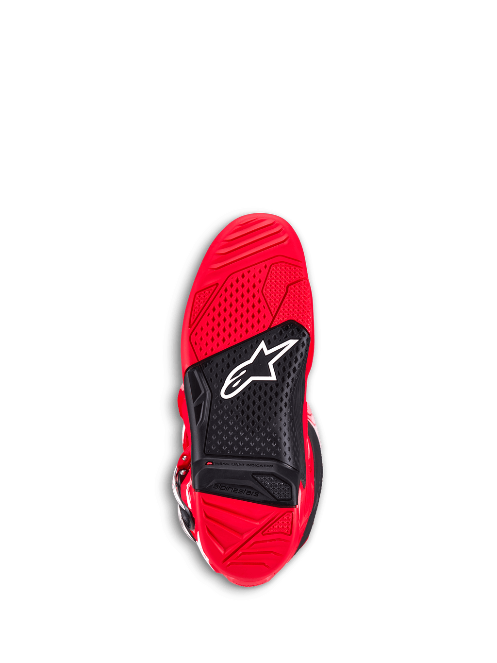 Alpinestars Tech 7 Boots, stivali da motocross, Rosso Vivace, vista inferiore della suola in gomma a doppia mescola rossa e nera, grip testurizzato per le pedane, logo Astar bianco e indicatore di limite di usura visibile.
