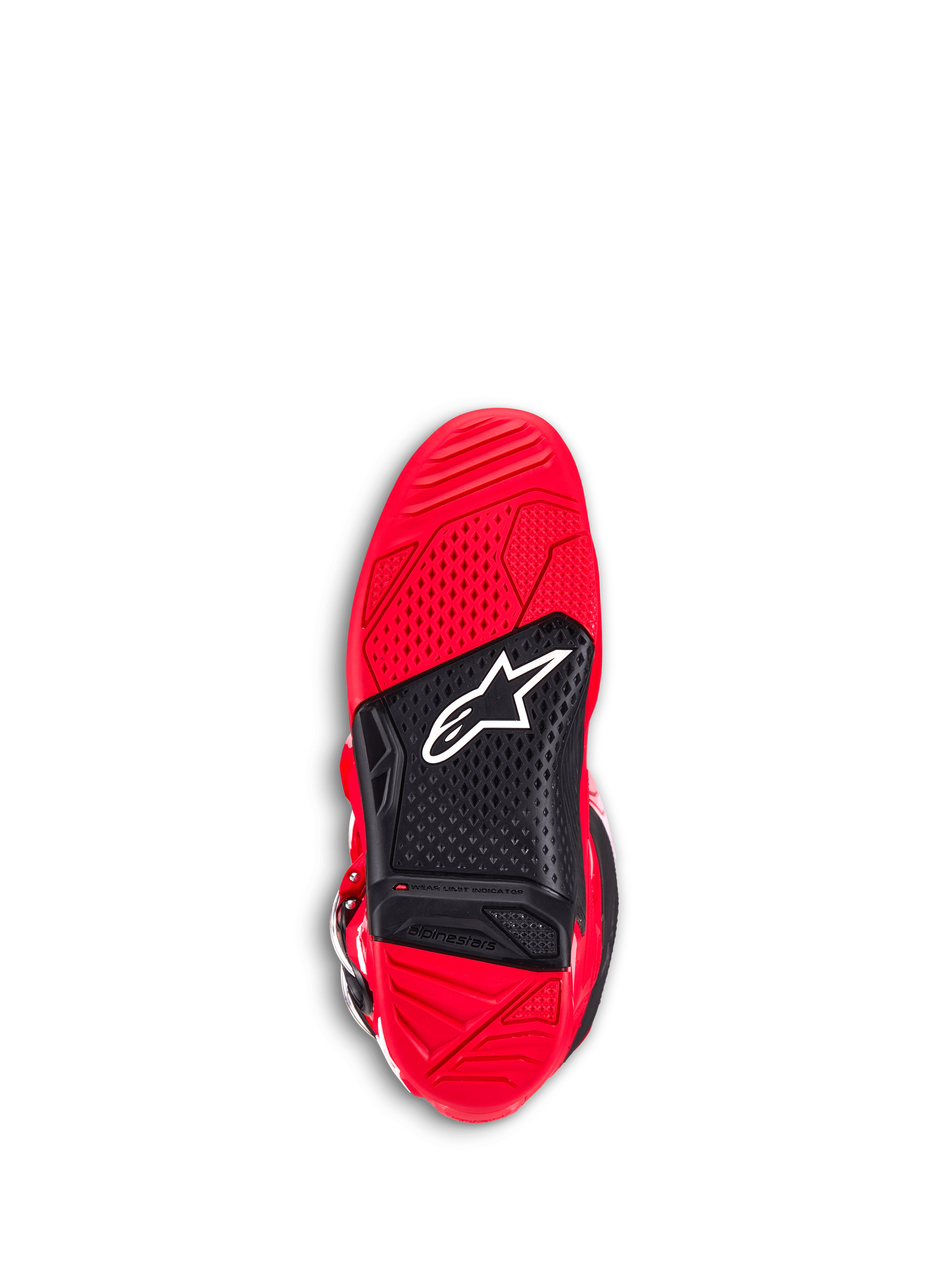 Alpinestars Tech 7 Boots, stivali da motocross, Rosso Vivace, vista inferiore della suola in gomma a doppia mescola rossa e nera, grip testurizzato per le pedane, logo Astar bianco e indicatore di limite di usura visibile.